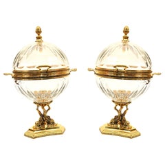 Pair Russian Czar Alexander Caviar Server Bowls Glass Ormolu Serpent