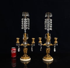 Pair Russian Dog Head Dore Bronze Mounted, Rock Crystal, Marble 3 Arm Candelabra