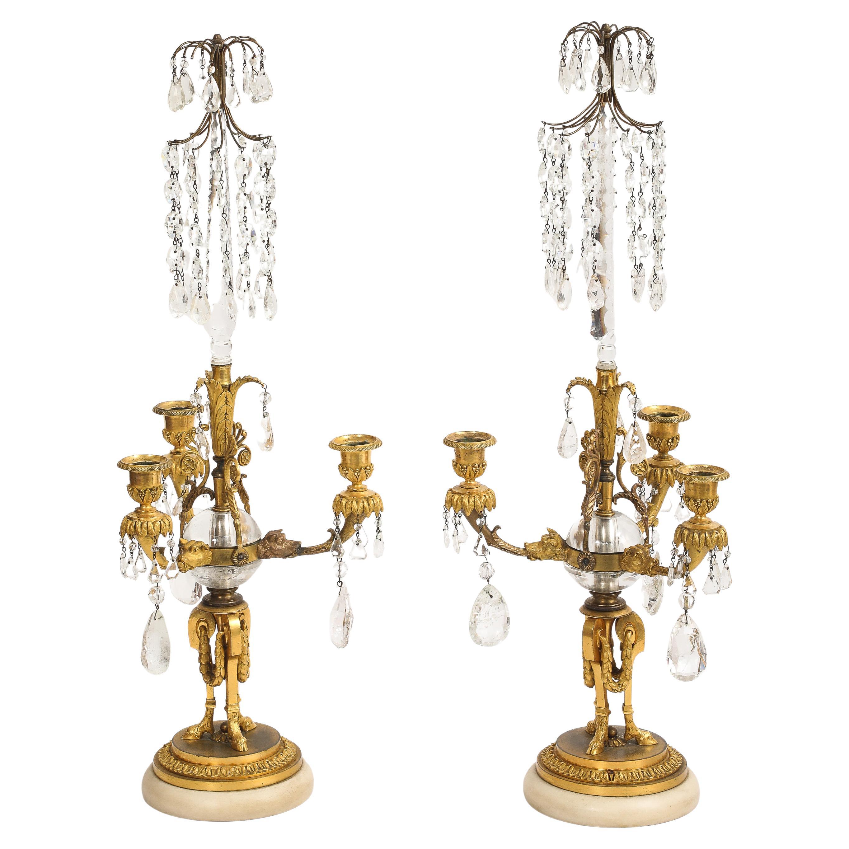 Coppia di candelabri russi a testa di cane con montatura in bronzo, cristallo di rocca e marmo a tre bracci in vendita