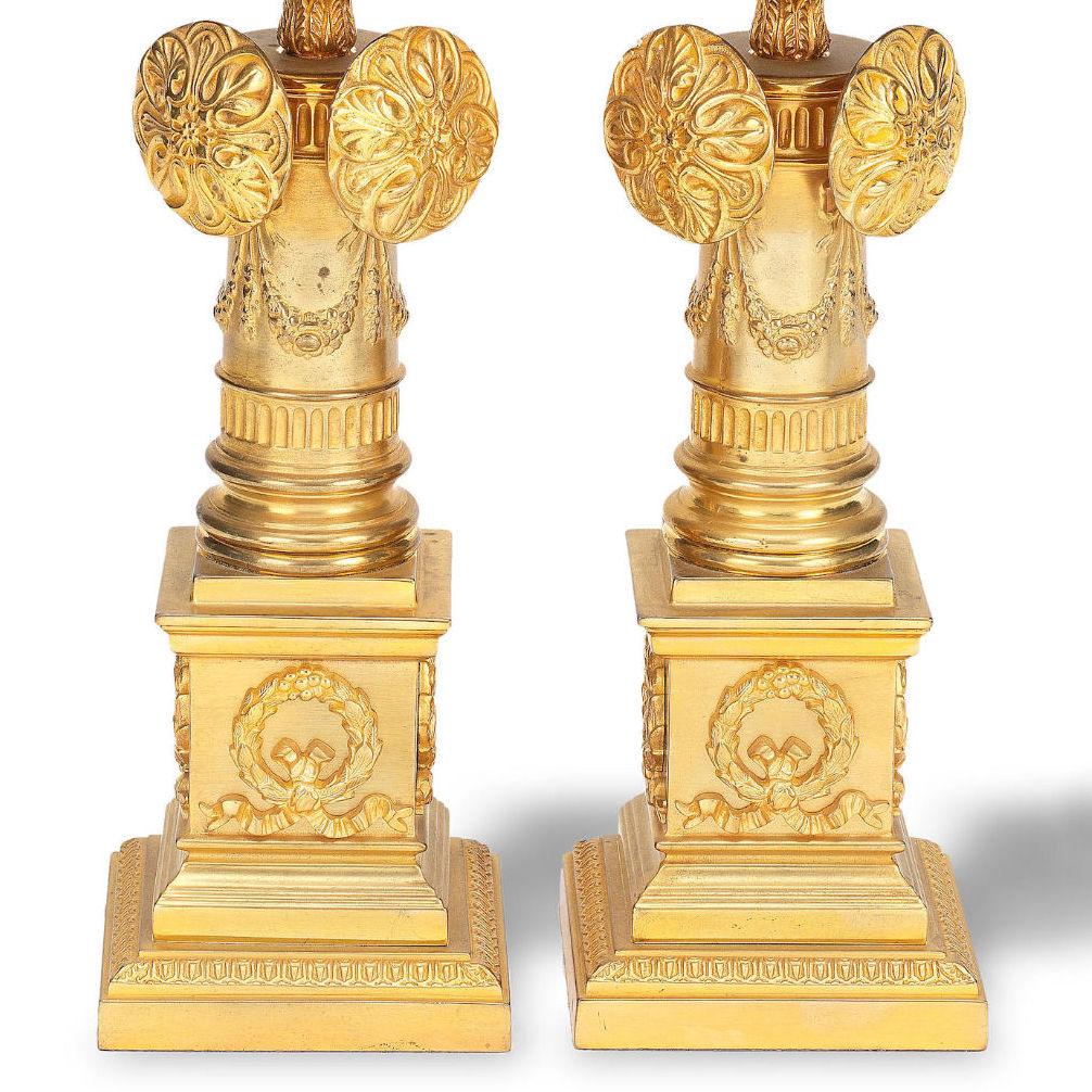 Gilt Pair Russian Empire Ormolu Bronze Candlesticks For Sale