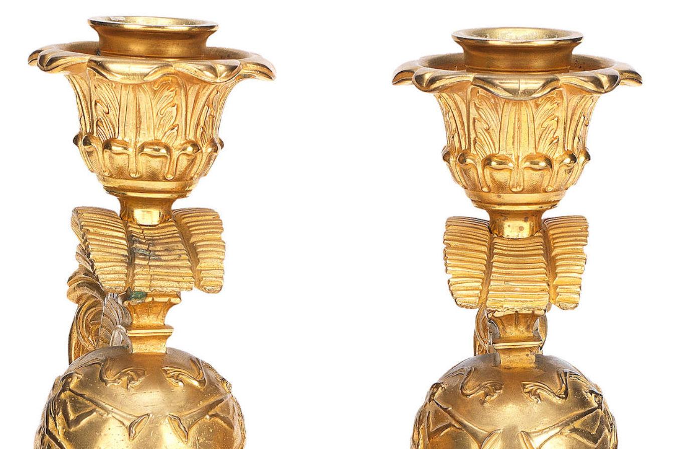 Pair Russian Empire Ormolu Bronze Candlesticks In Good Condition For Sale In New York, US