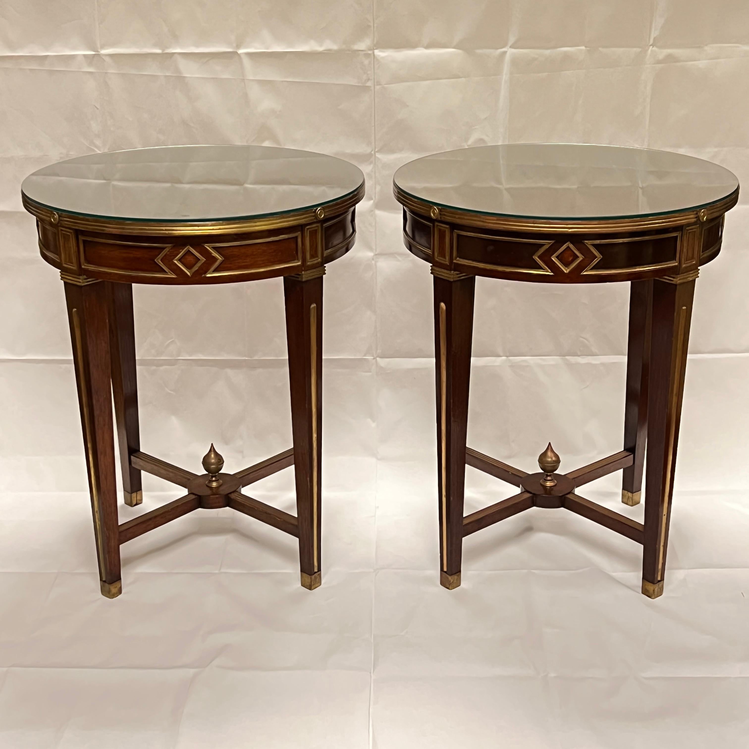 Pair Russian Louis XVI Style Brass Inlaid Mahogany Round Side Tables For Sale 6