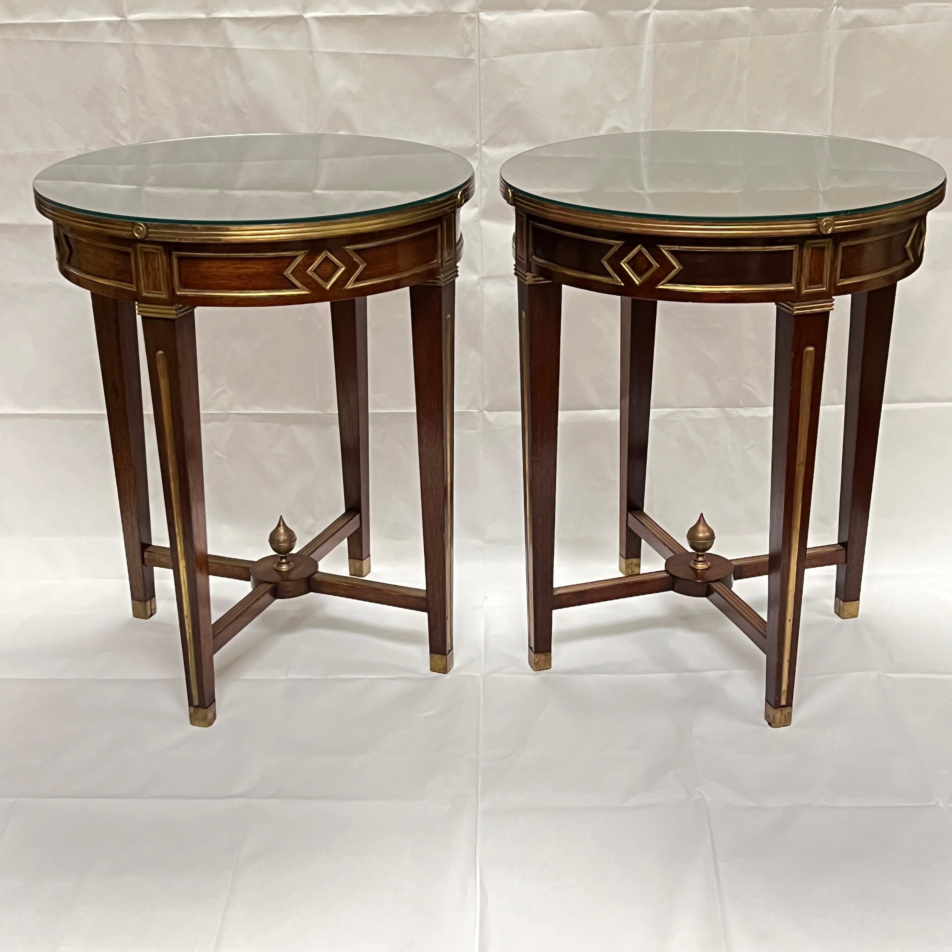 Pair Russian Louis XVI Style Brass Inlaid Mahogany Round Side Tables For Sale 7