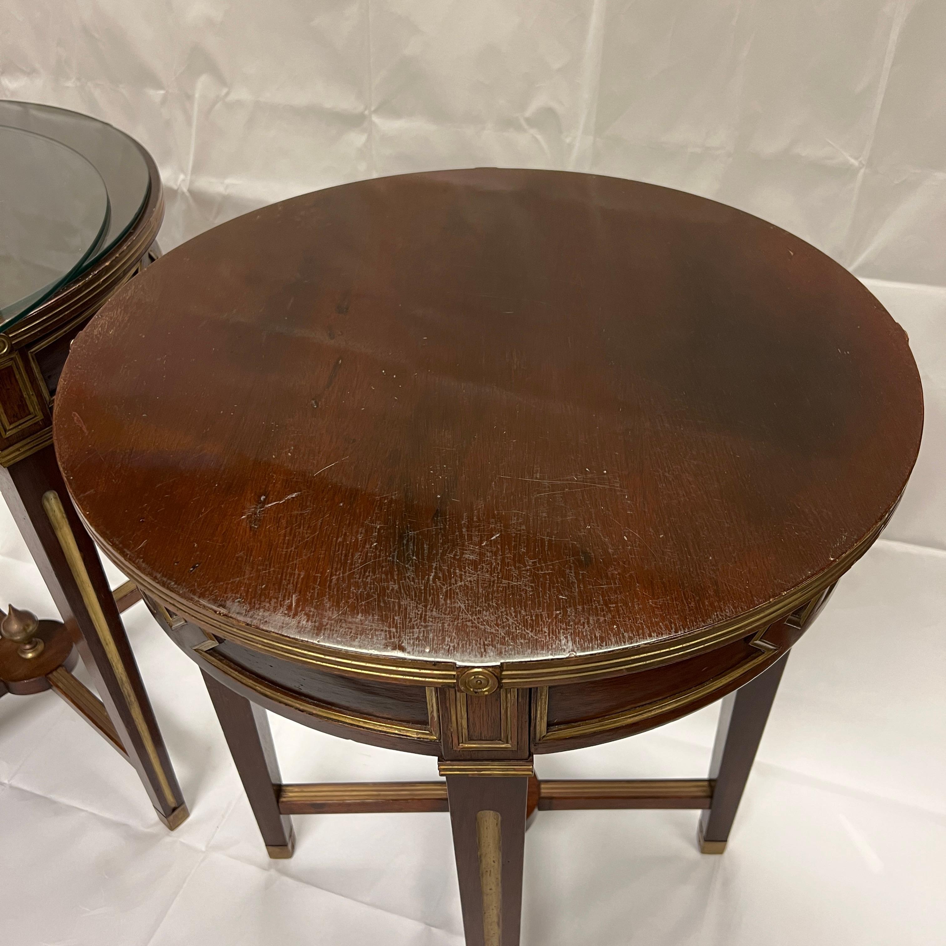 Pair Russian Louis XVI Style Brass Inlaid Mahogany Round Side Tables For Sale 15