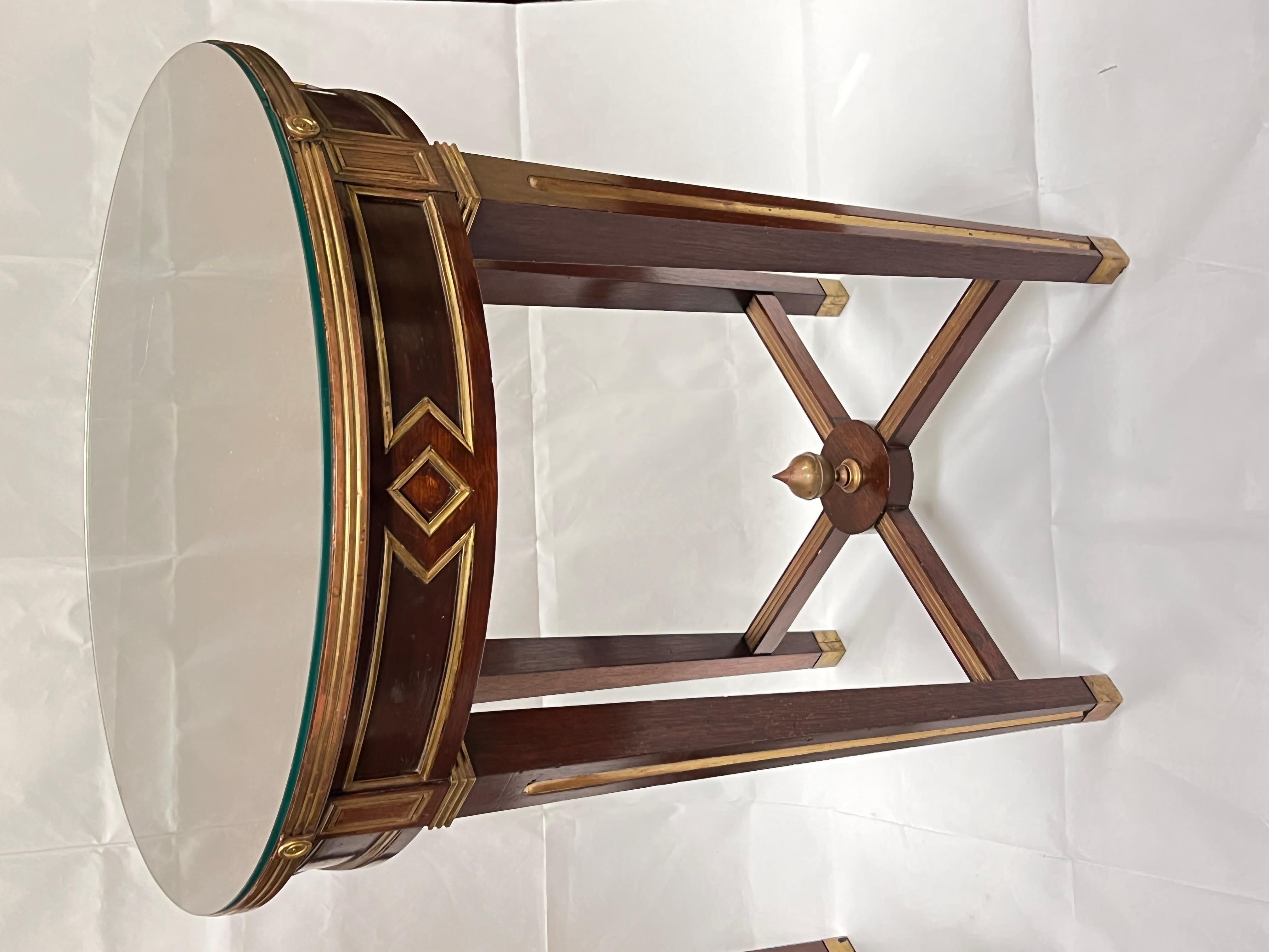 Pair of very fine quality mid century Russian / Louis XVI style brass inlaid Mahogany round side tables.