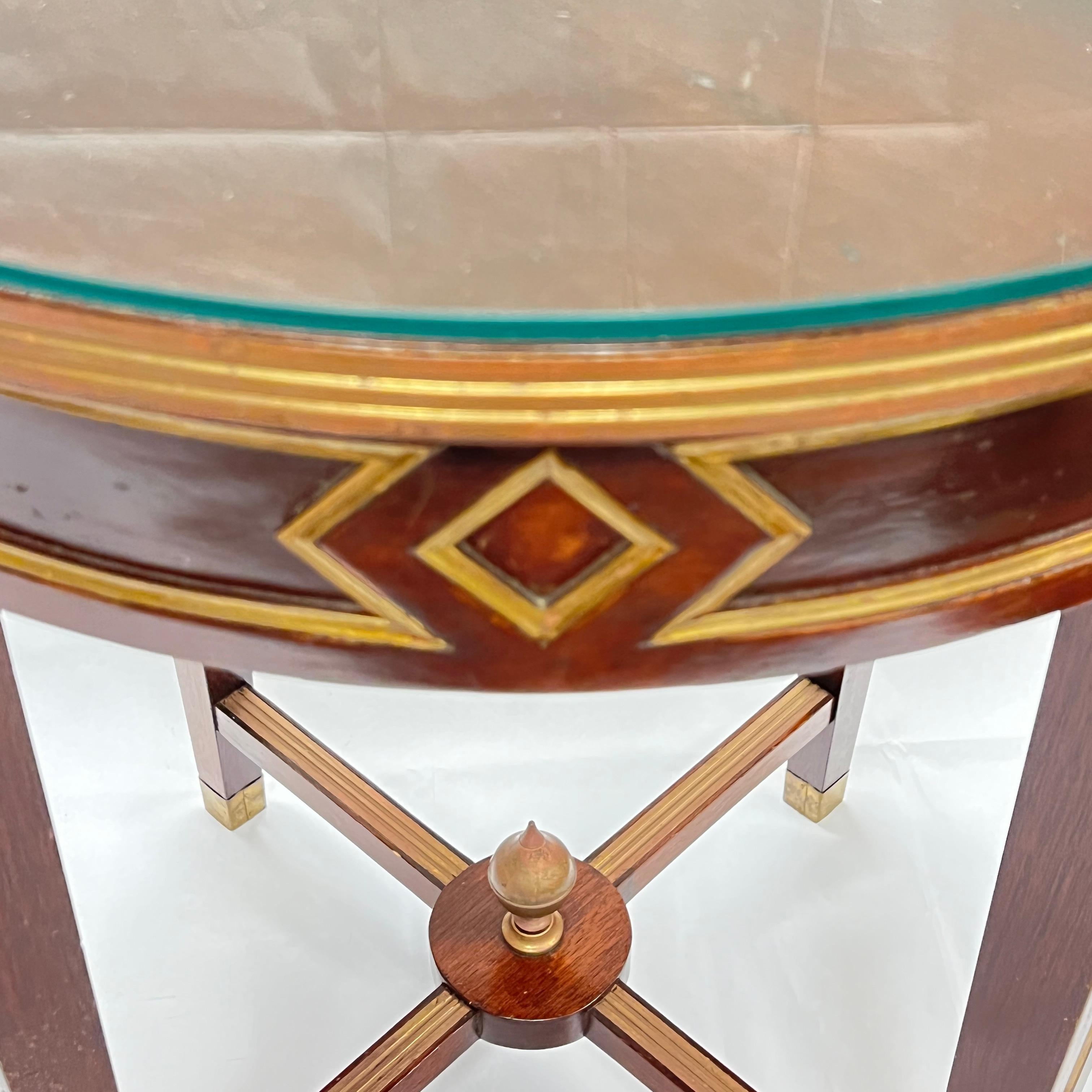 Pair Russian Louis XVI Style Brass Inlaid Mahogany Round Side Tables In Good Condition For Sale In New York, NY