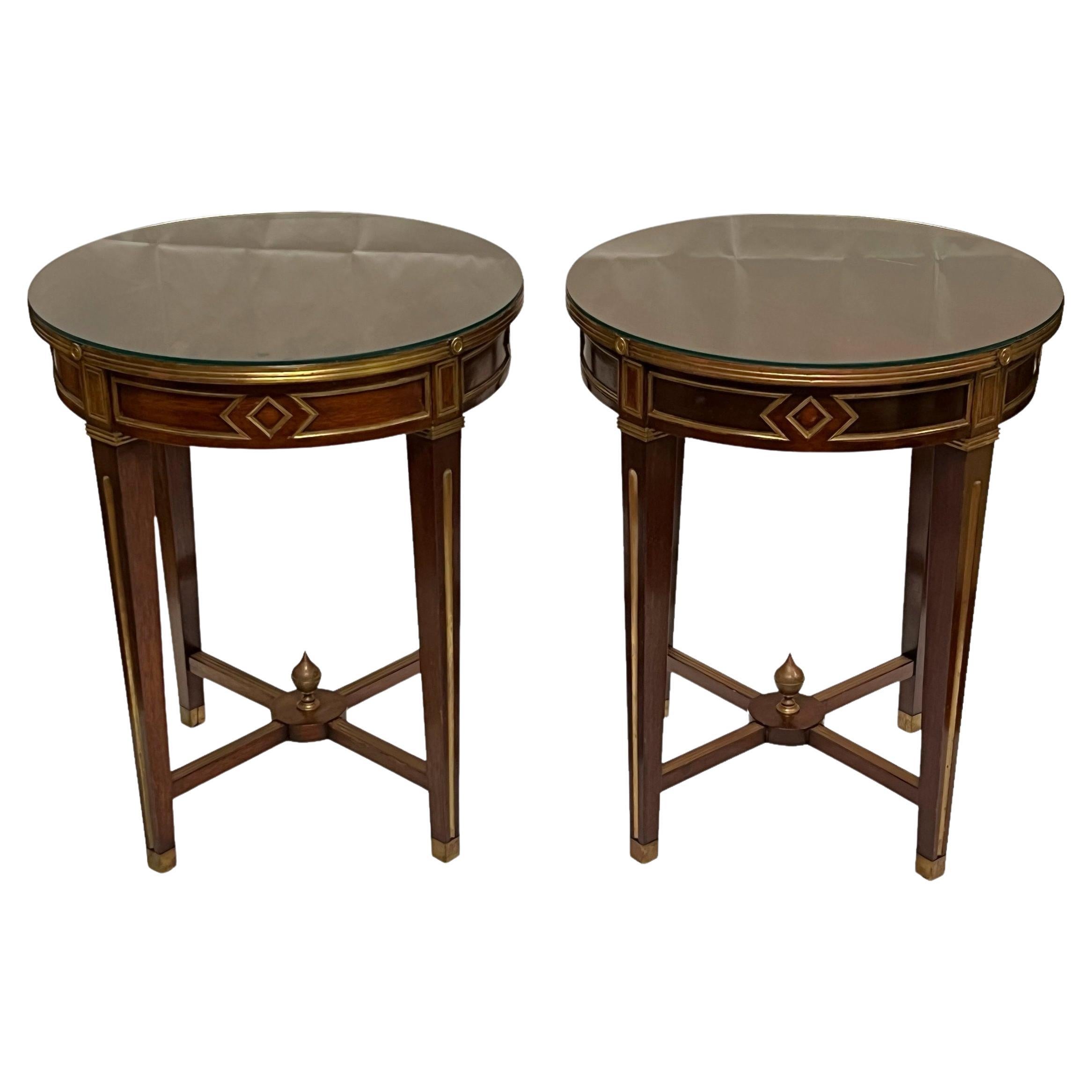 Pair Russian Louis XVI Style Brass Inlaid Mahogany Round Side Tables