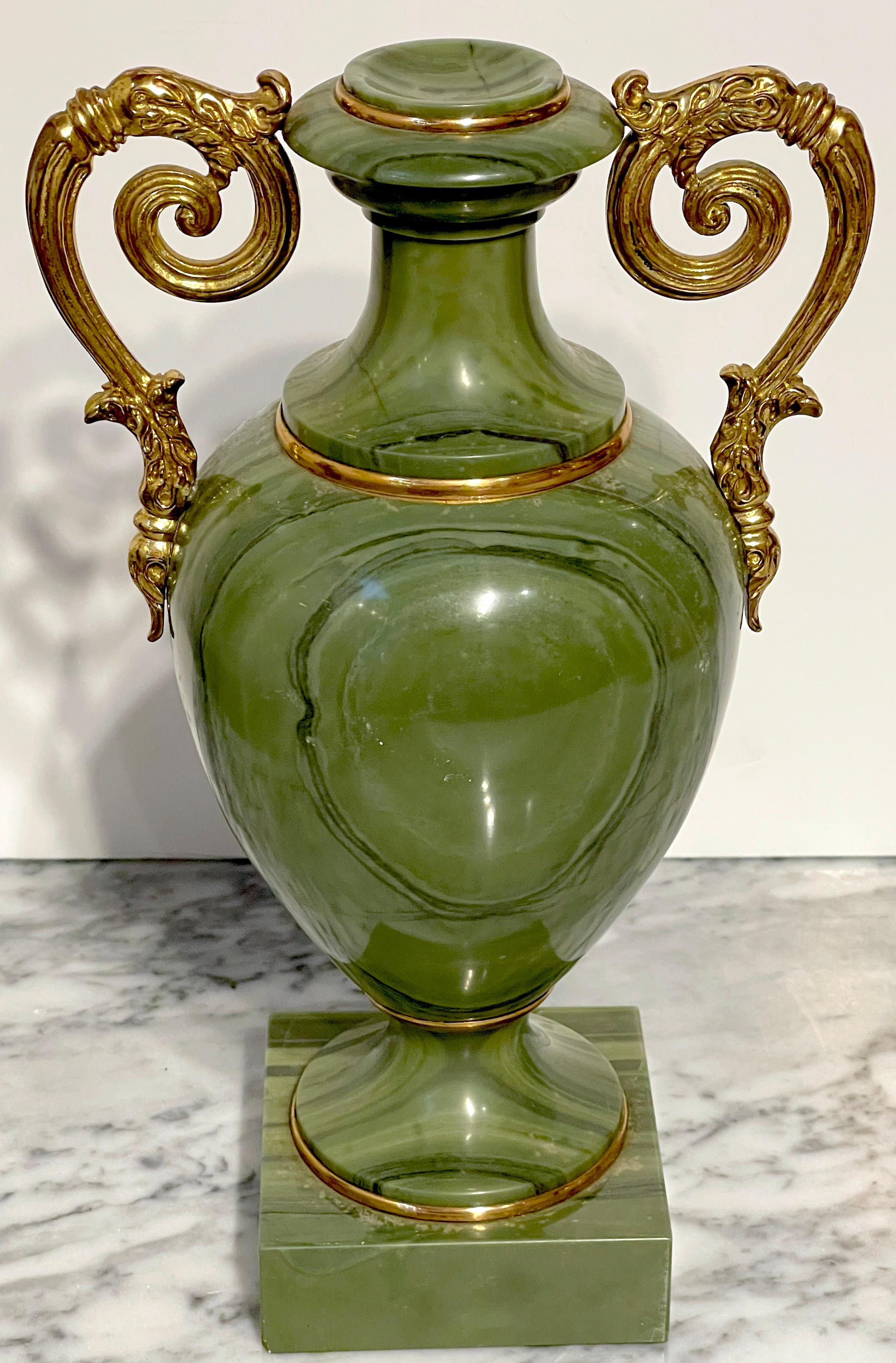 Pair Russian Neoclassical Unique Specimen Green Quartz Ormolu Mounted Vases For Sale 4