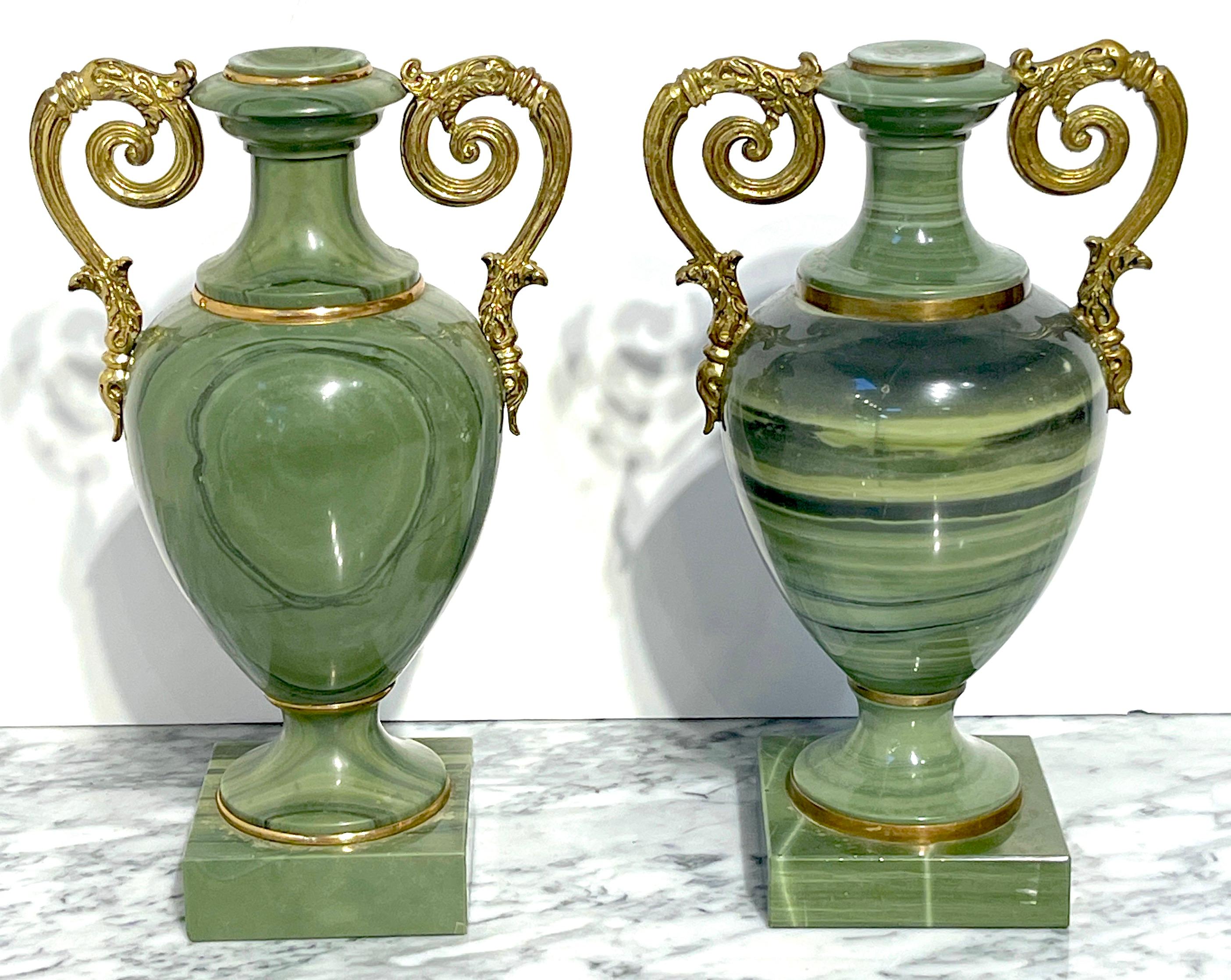 Carved Pair Russian Neoclassical Unique Specimen Green Quartz Ormolu Mounted Vases For Sale