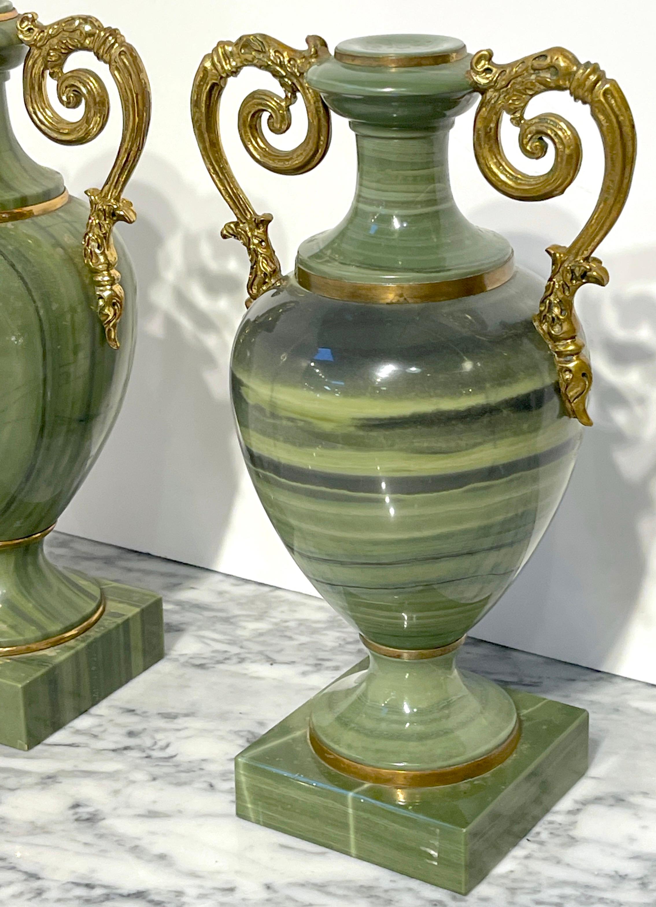 Pair Russian Neoclassical Unique Specimen Green Quartz Ormolu Mounted Vases In Good Condition For Sale In West Palm Beach, FL