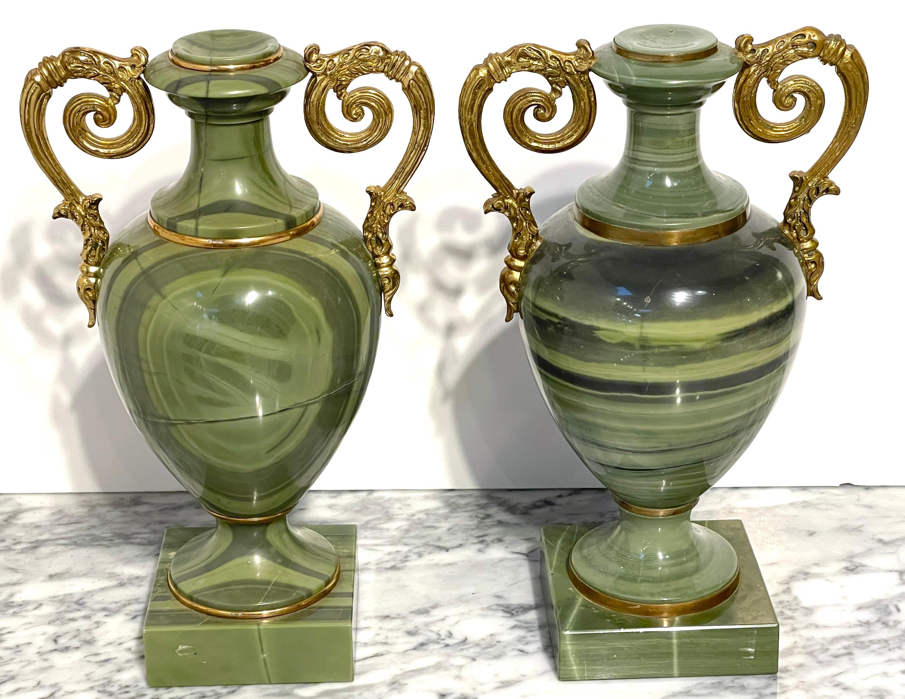 Agate Pair Russian Neoclassical Unique Specimen Green Quartz Ormolu Mounted Vases For Sale
