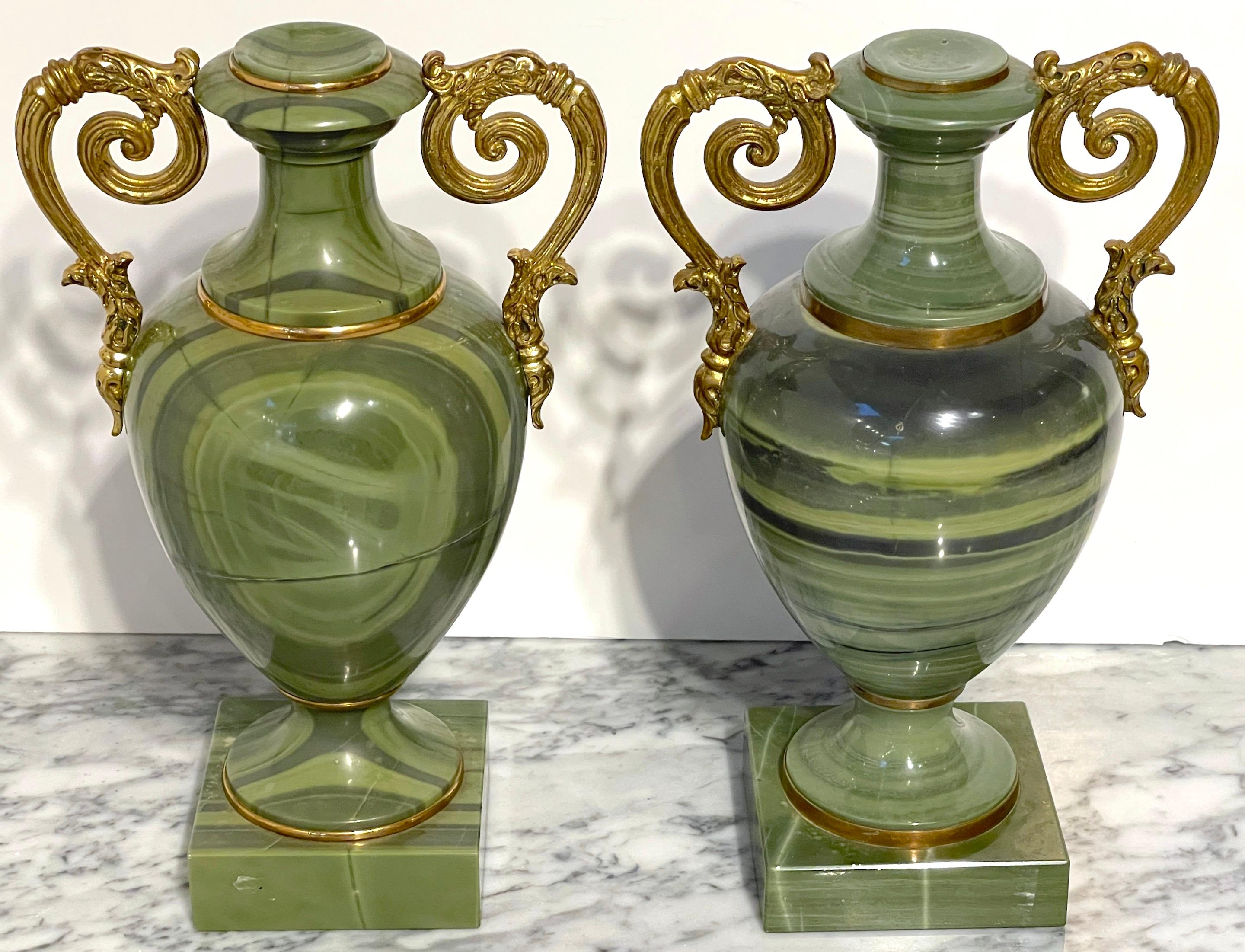 Pair Russian Neoclassical Unique Specimen Green Quartz Ormolu Mounted Vases For Sale 1