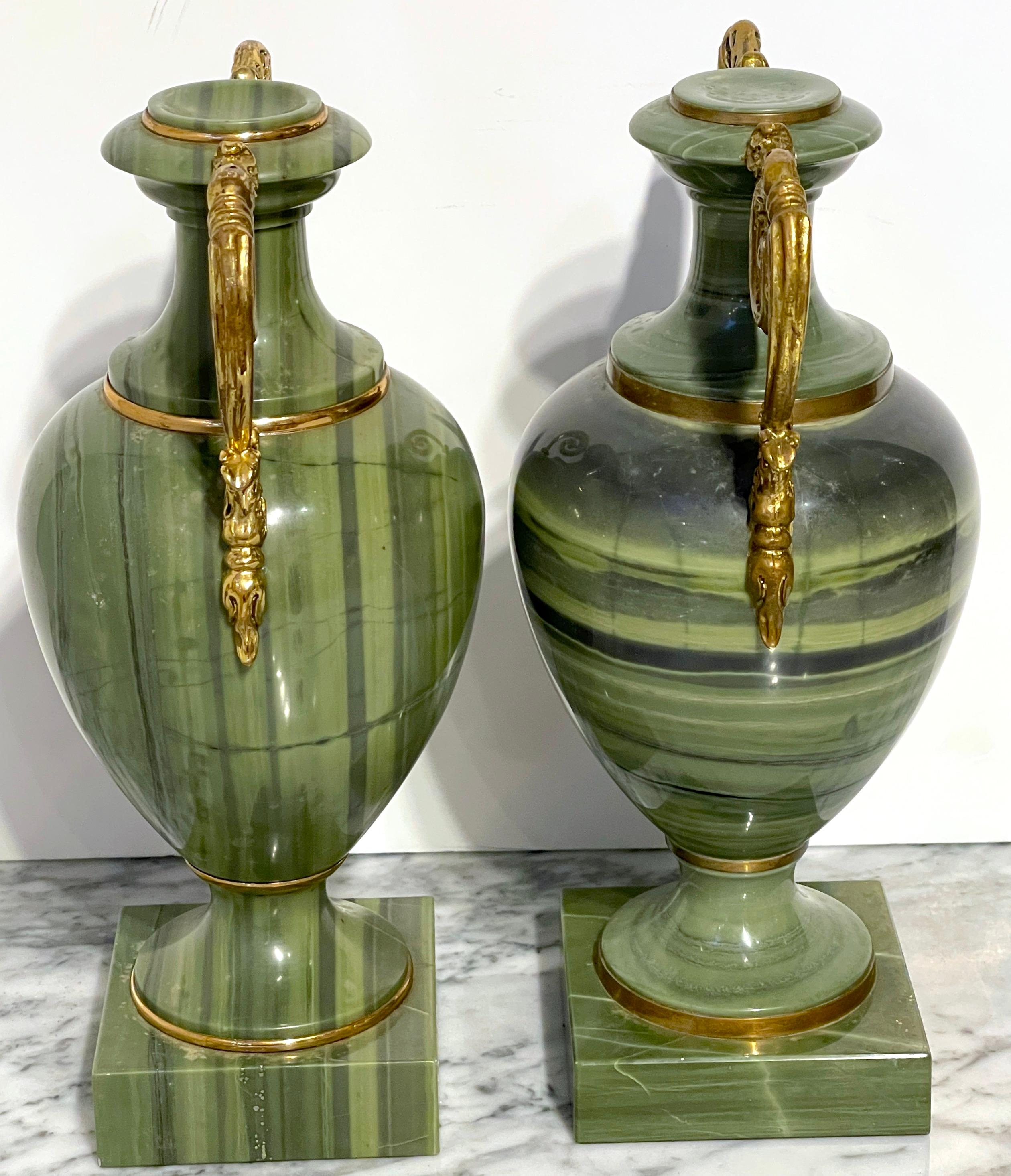 Pair Russian Neoclassical Unique Specimen Green Quartz Ormolu Mounted Vases For Sale 2