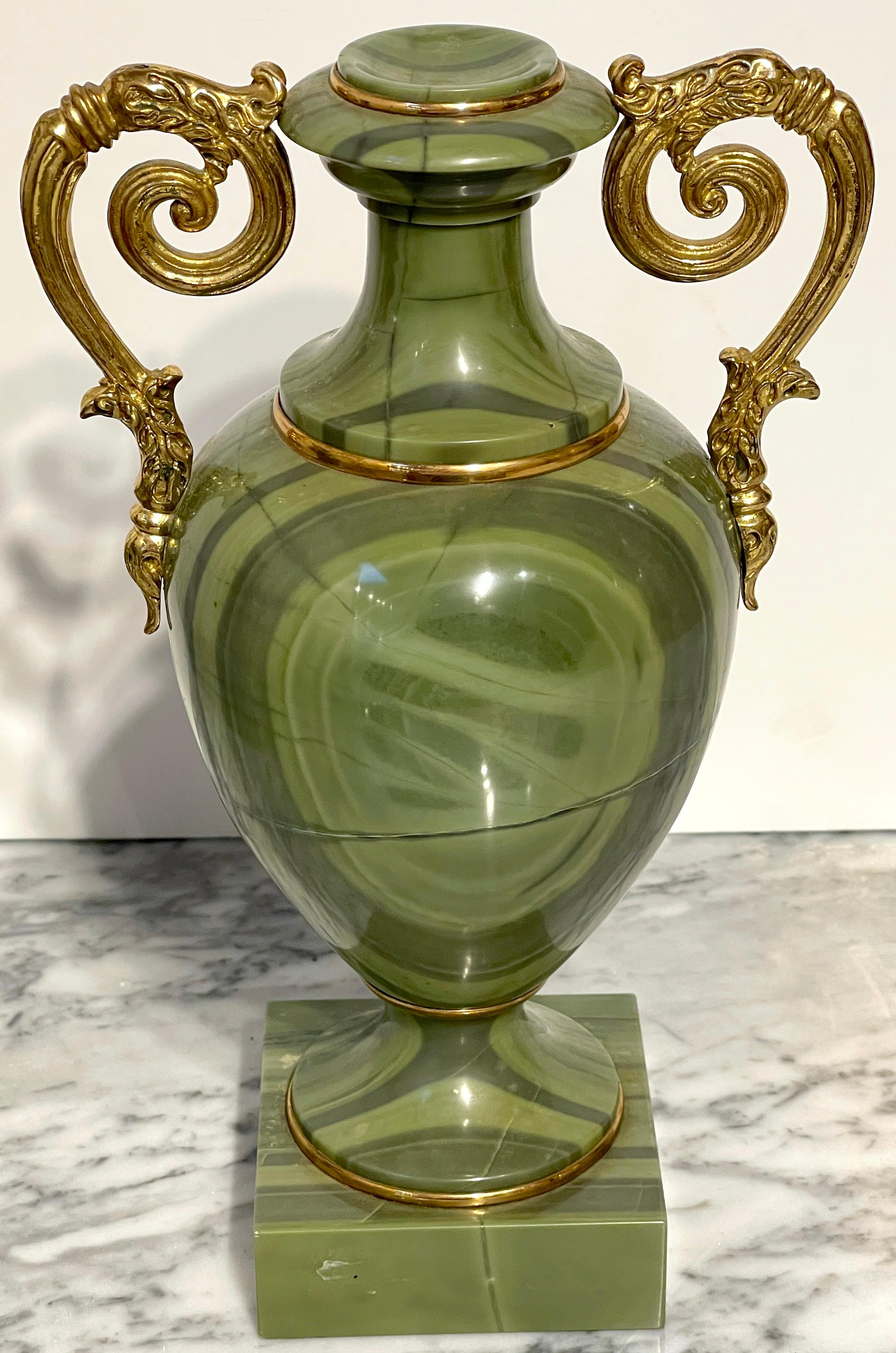 Pair Russian Neoclassical Unique Specimen Green Quartz Ormolu Mounted Vases For Sale 3