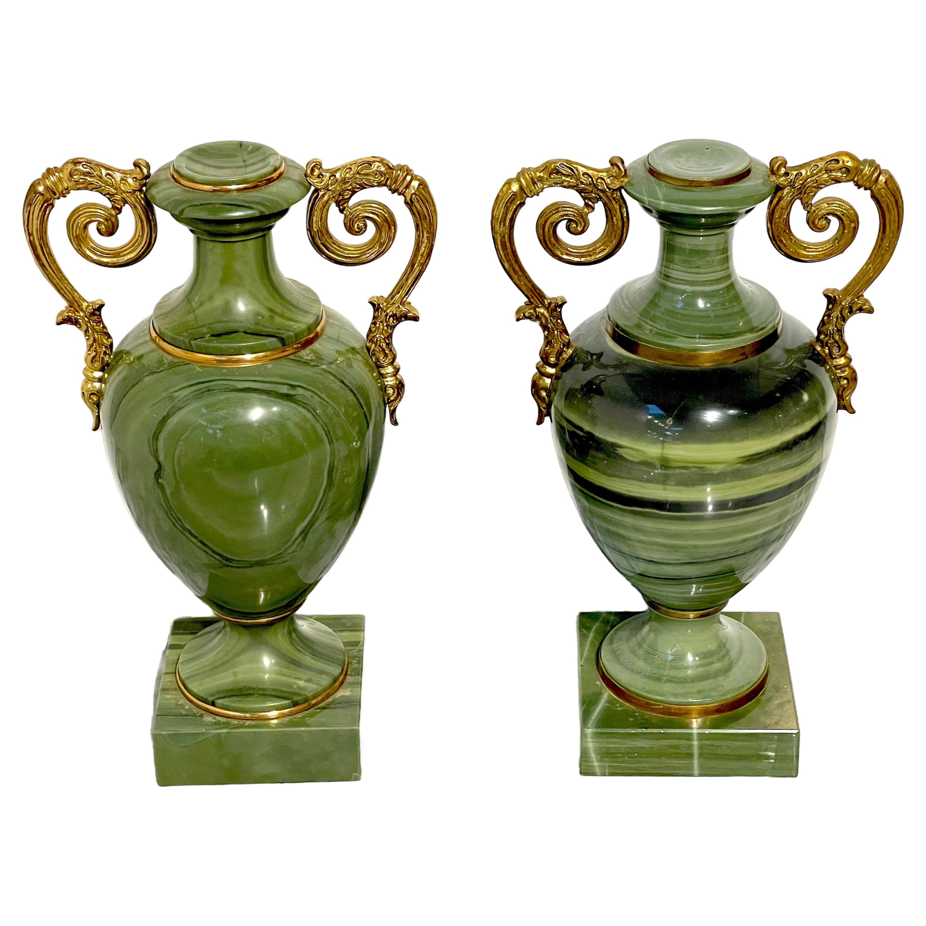 Pair Russian Neoclassical Unique Specimen Green Quartz Ormolu Mounted Vases For Sale
