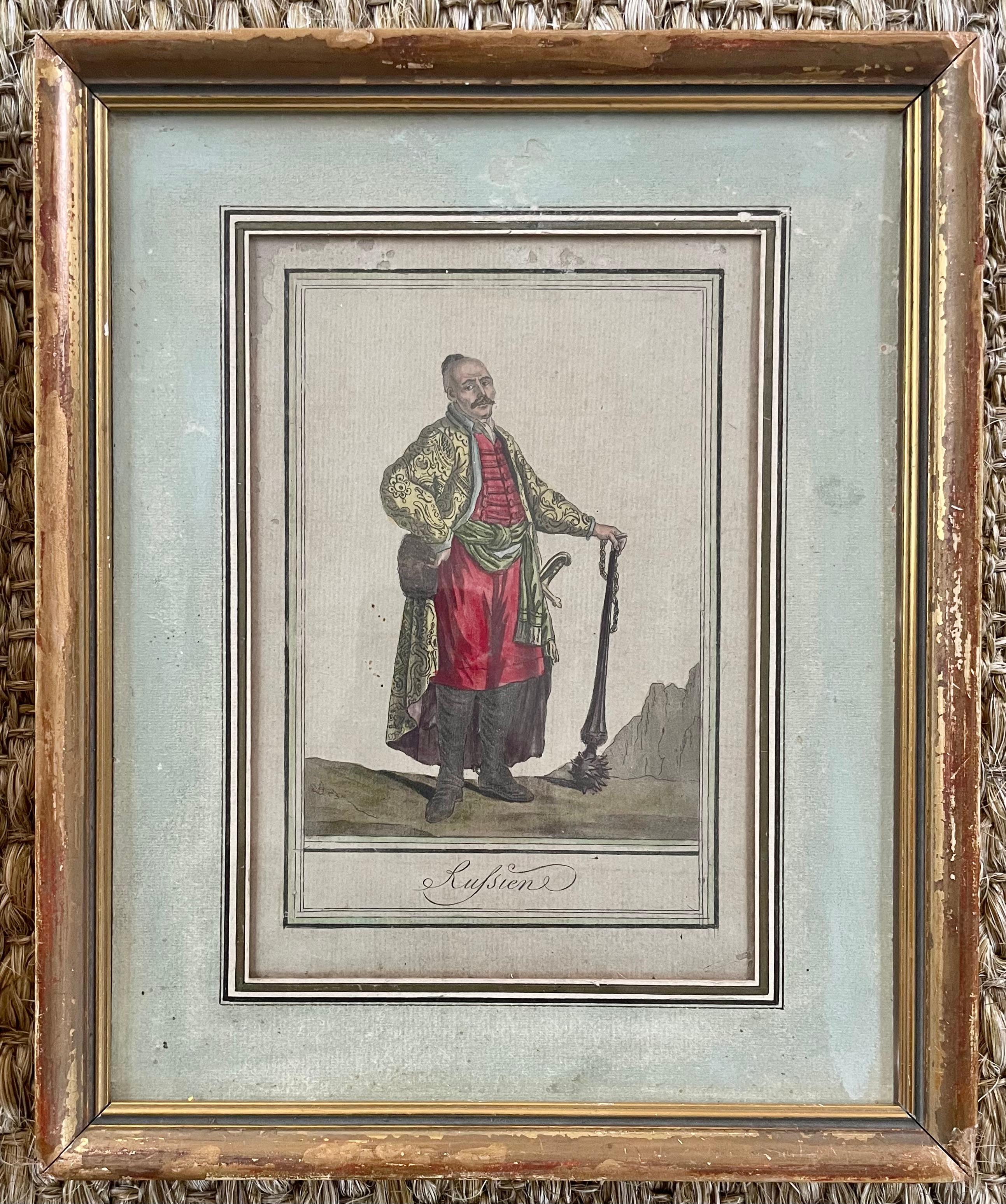 Paper Pair Russian Portraits in 18th Century Garb For Sale