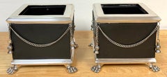 Pair Russian-Style Neoclassical Silverplated Bronze & Leather Paw Feet Cachepots