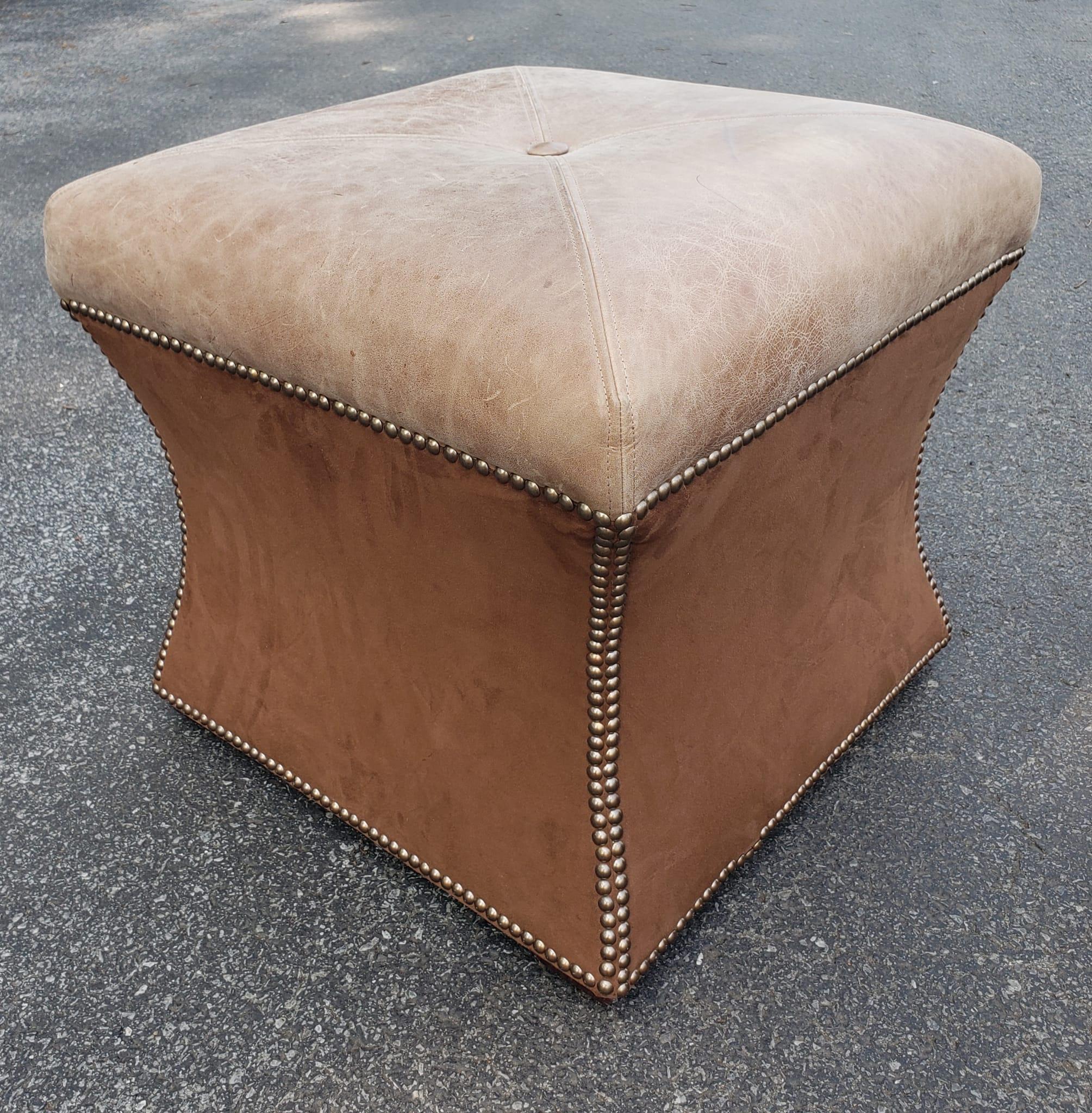 Modern Pair Rustic Full Grain Leather Upholstered Ottoman Stools with Nailhead Trims  For Sale