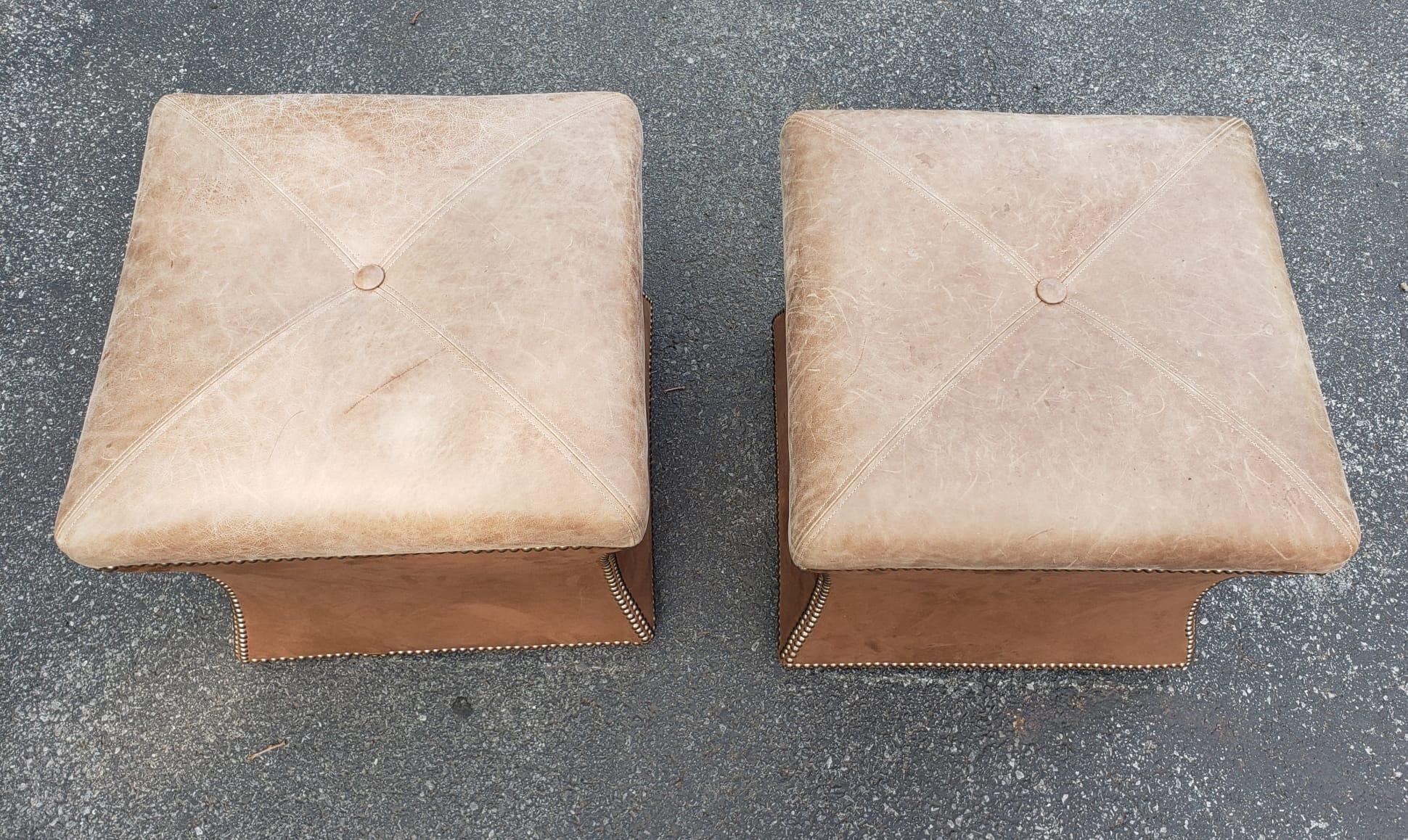 Other Pair Rustic Full Grain Leather Upholstered Ottoman Stools with Nailhead Trims  For Sale