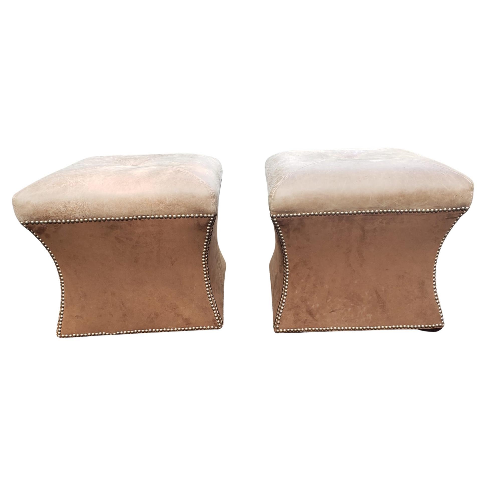 Pair Rustic Full Grain Leather Upholstered Ottoman Stools with Nailhead Trims 