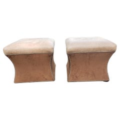 Vintage Pair Rustic Full Grain Leather Upholstered Ottoman Stools with Nailhead Trims 