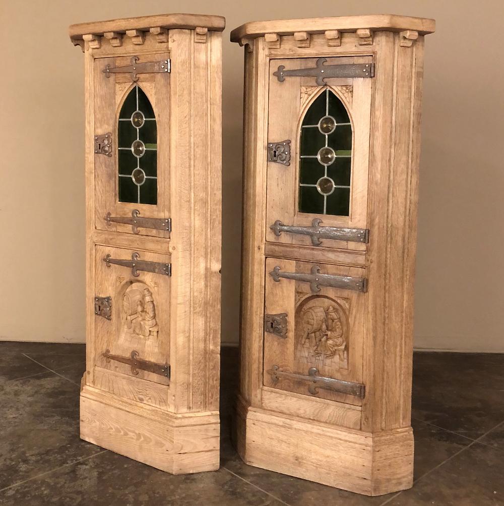 Pair rustic vintage corner wine cabinets ~ Vitrines are perfect for your entertainment room! Situated in adjacent corners, you can take advantage of otherwise dead space and create a charming Old World effect that serves a great purpose! Use them to