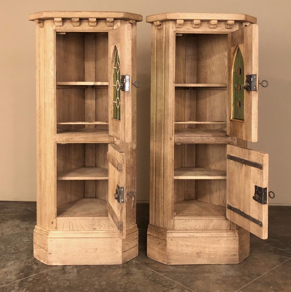French Pair Rustic Vintage Corner Wine Cabinets, Vitrines For Sale