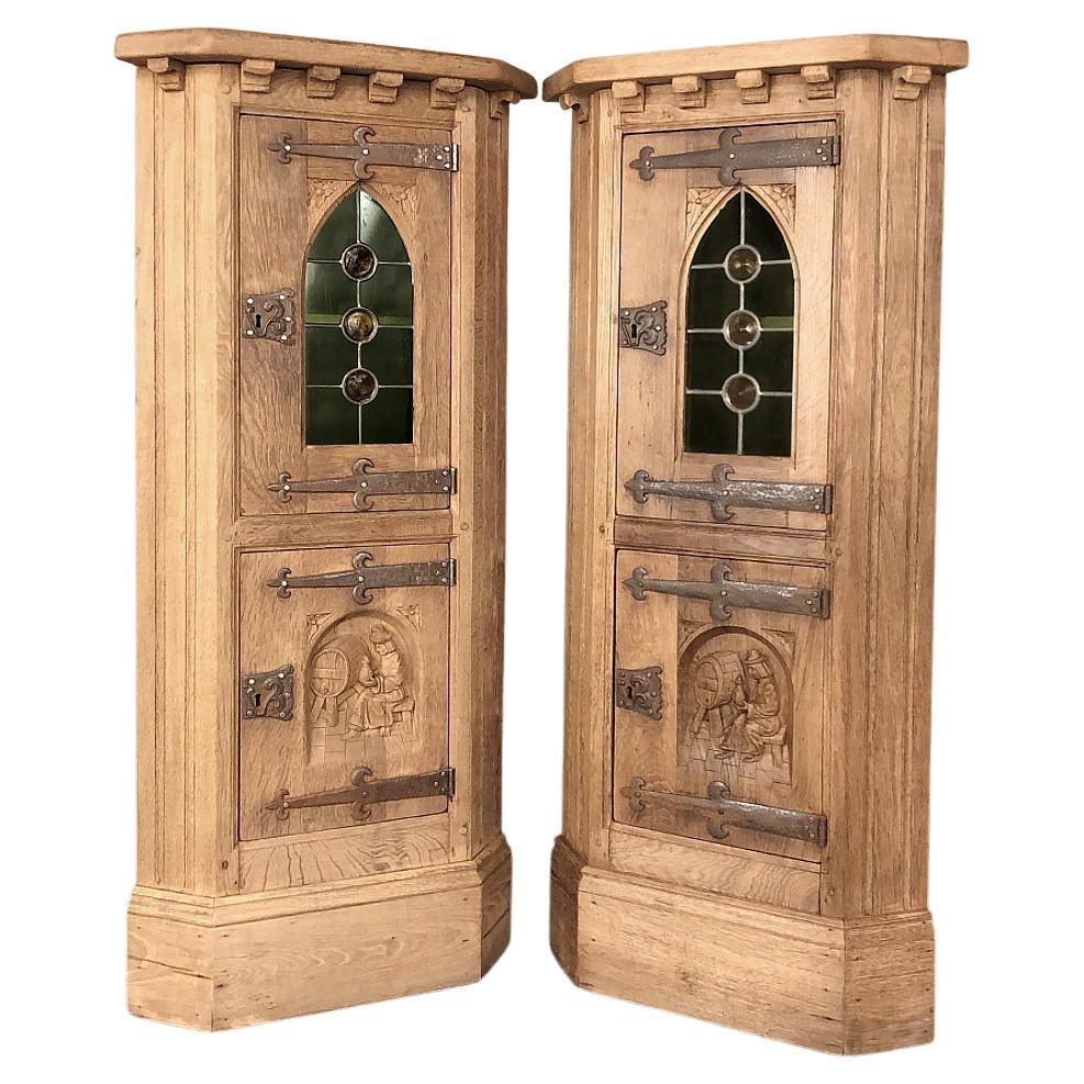 Pair Rustic Vintage Corner Wine Cabinets, Vitrines
