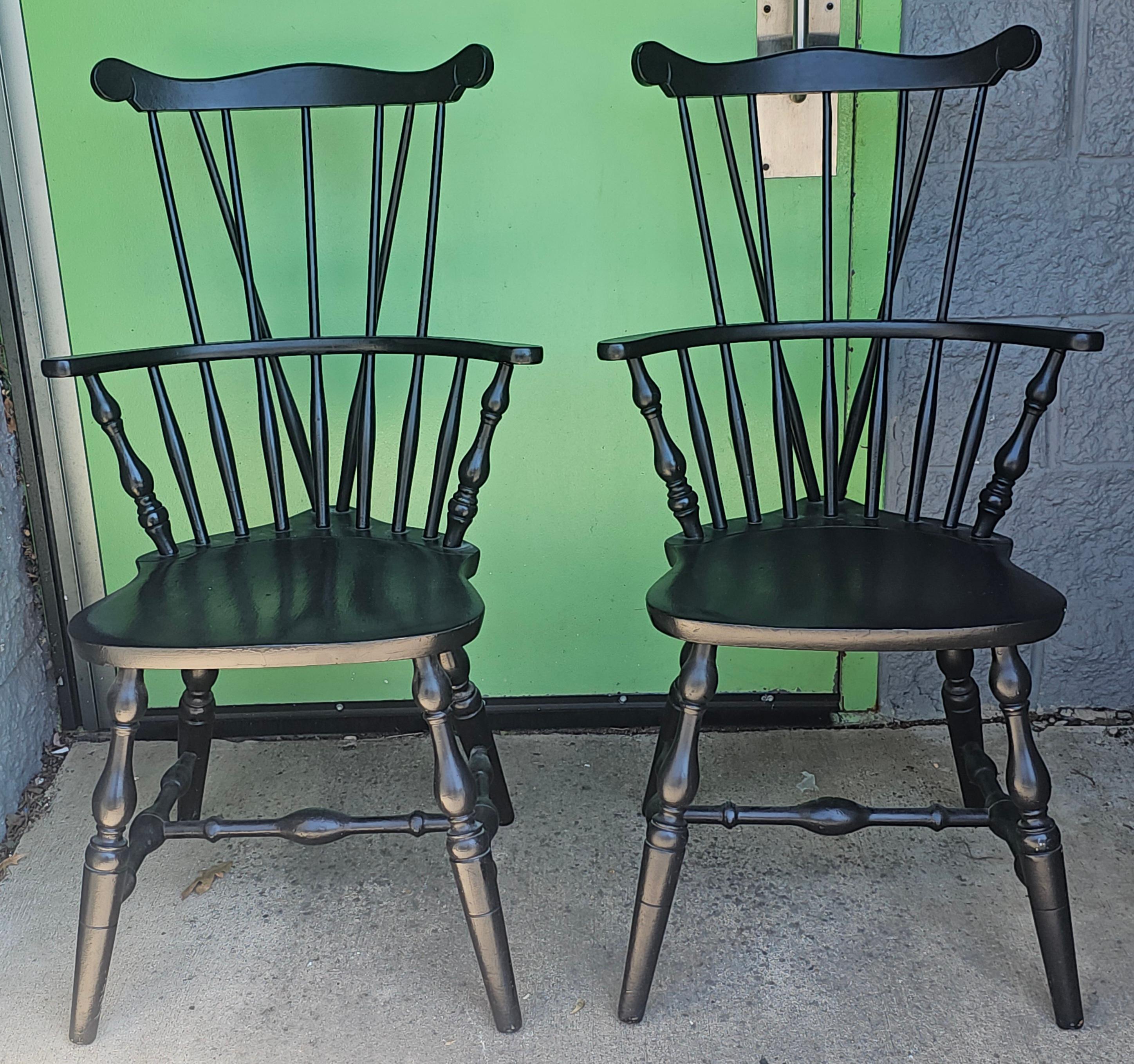 Early 20th Century Pair of S. Bent & Brothers Ebonized Maple Fiddle / Fan Back Windsor Chairs Half Arm Chairs
Measures  21.5 