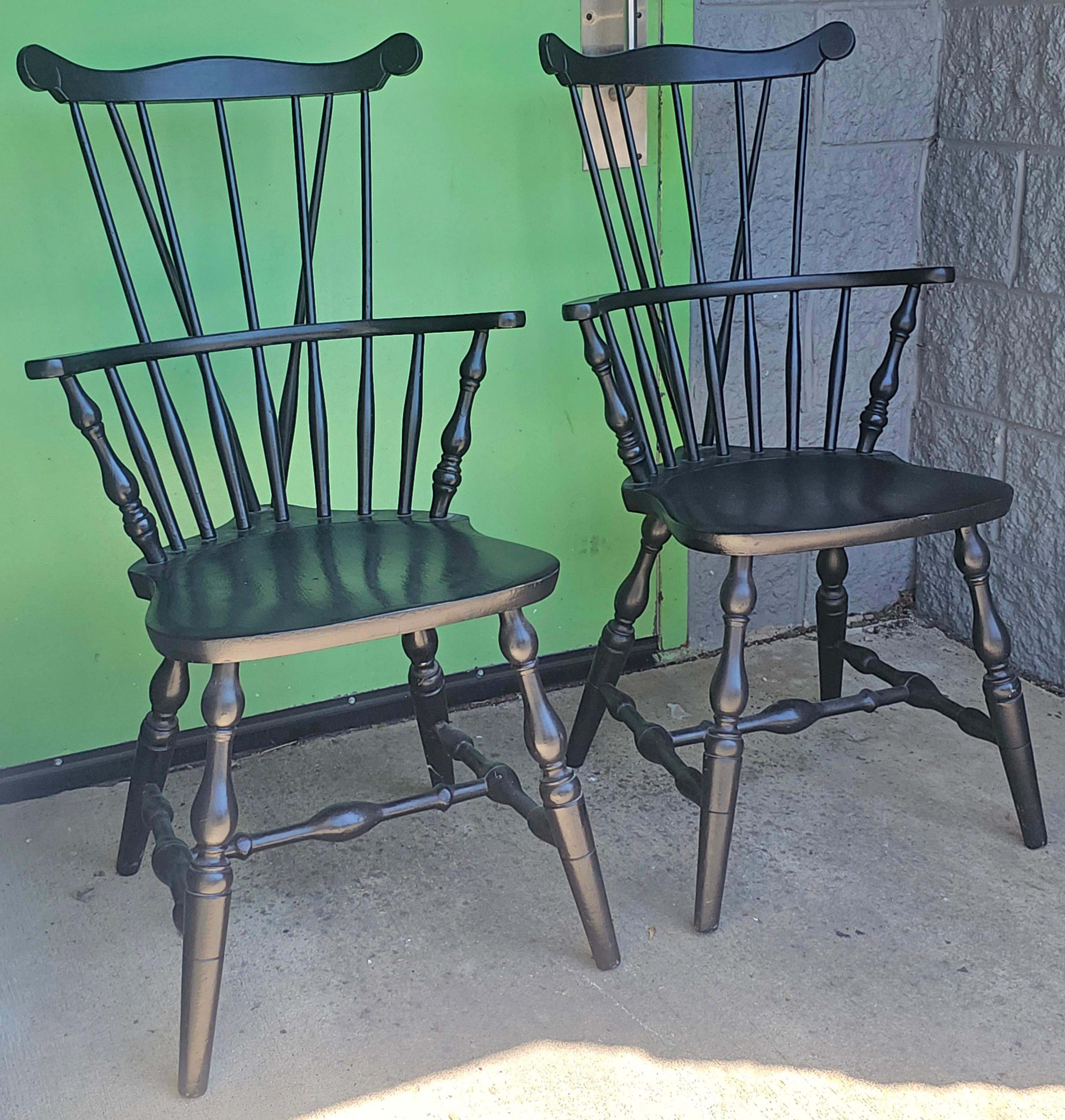 American Pair S. Bent & Brothers Ebonized Maple Fiddle / Fan Back Windsor Chairs Half Arm For Sale