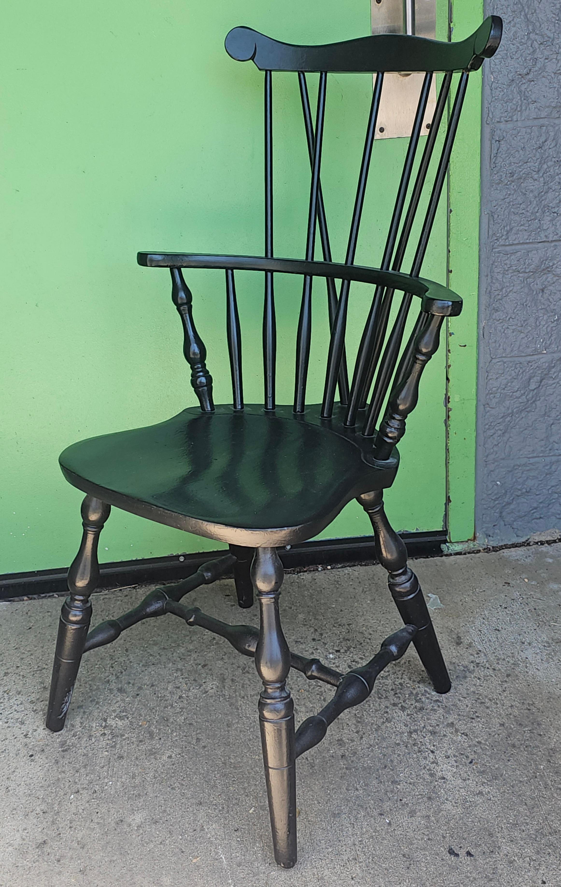 Pair S. Bent & Brothers Ebonized Maple Fiddle / Fan Back Windsor Chairs Half Arm In Good Condition For Sale In Germantown, MD