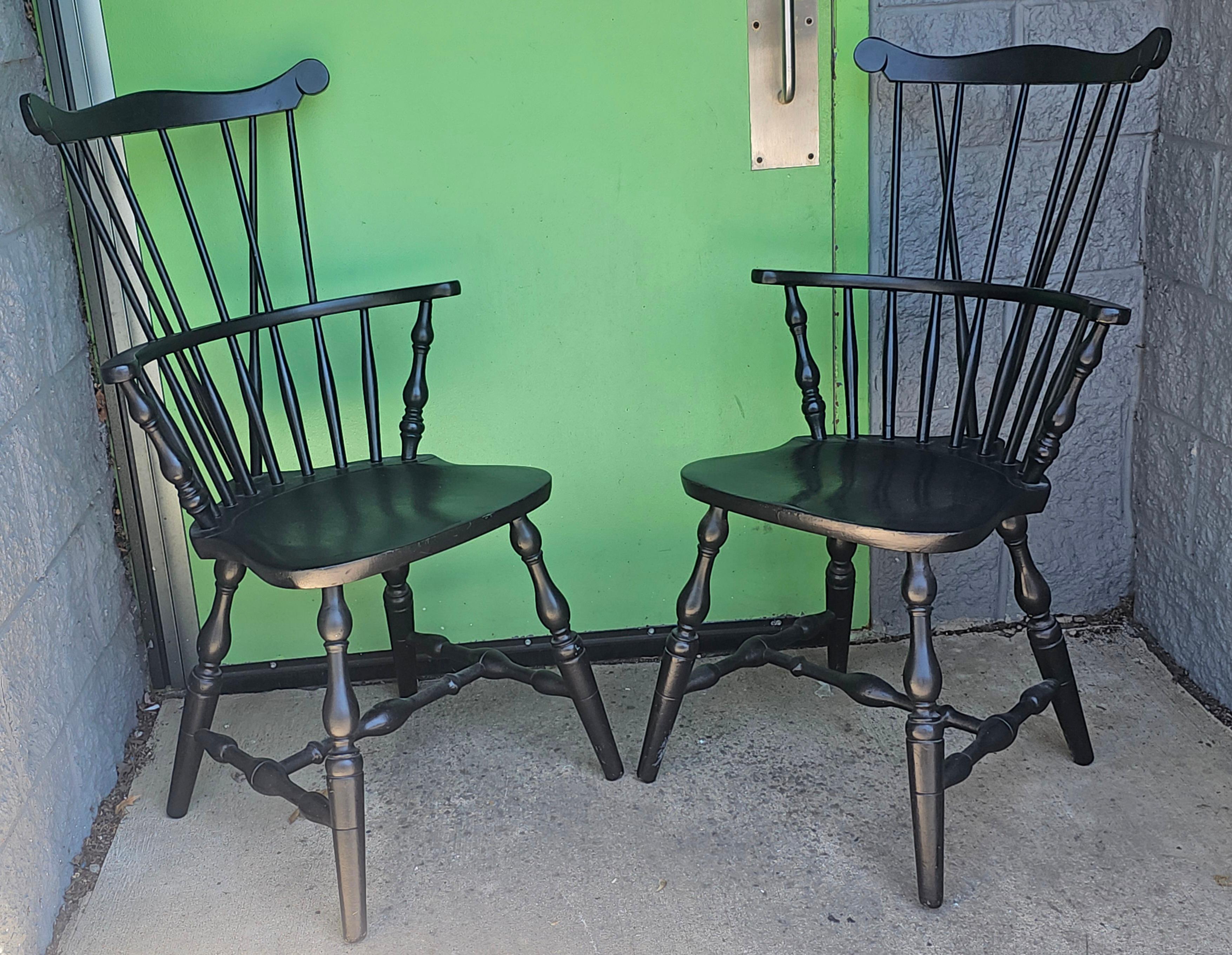 20th Century Pair S. Bent & Brothers Ebonized Maple Fiddle / Fan Back Windsor Chairs Half Arm For Sale