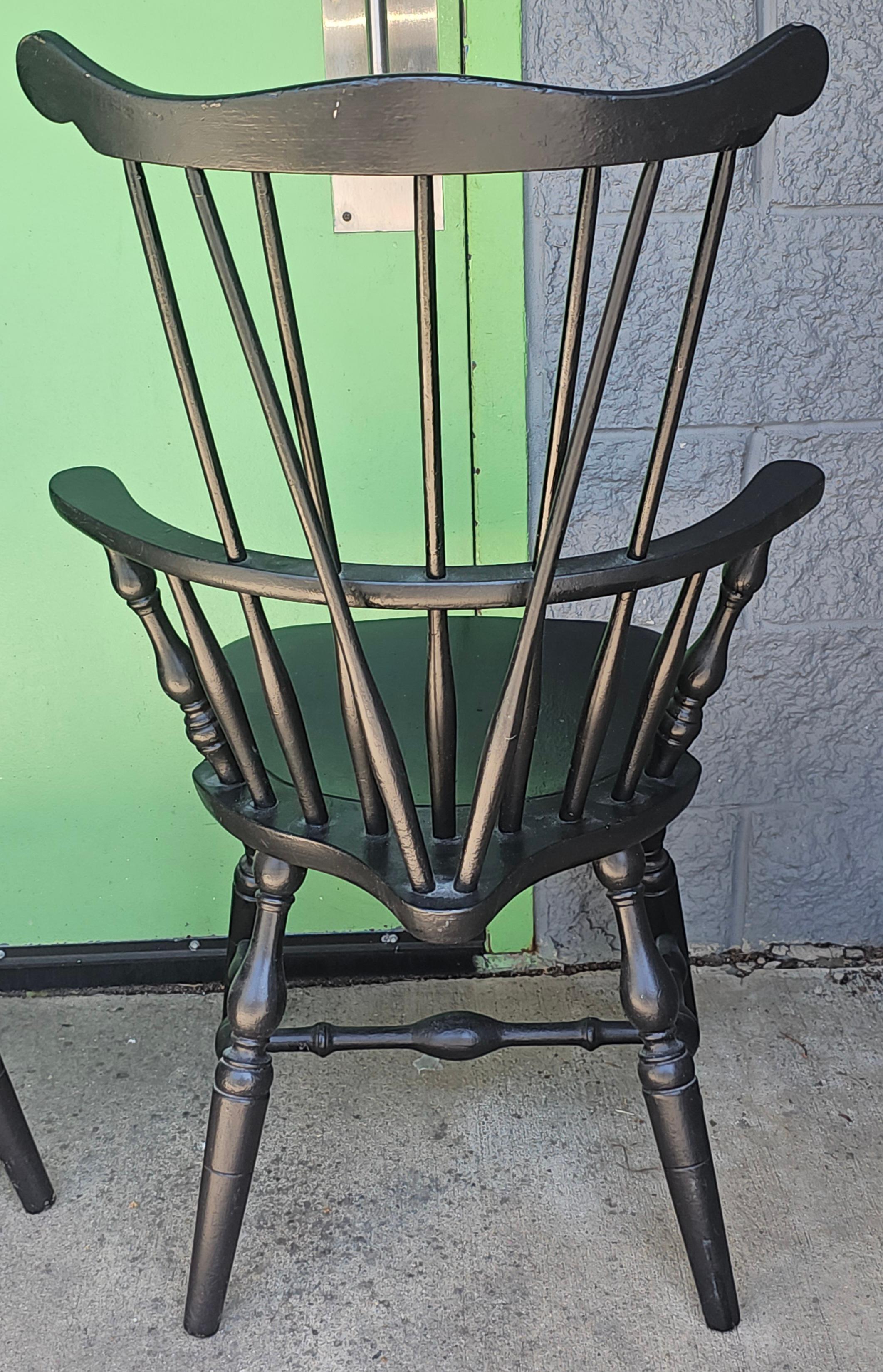 Pair S. Bent & Brothers Ebonized Maple Fiddle / Fan Back Windsor Chairs Half Arm For Sale 1