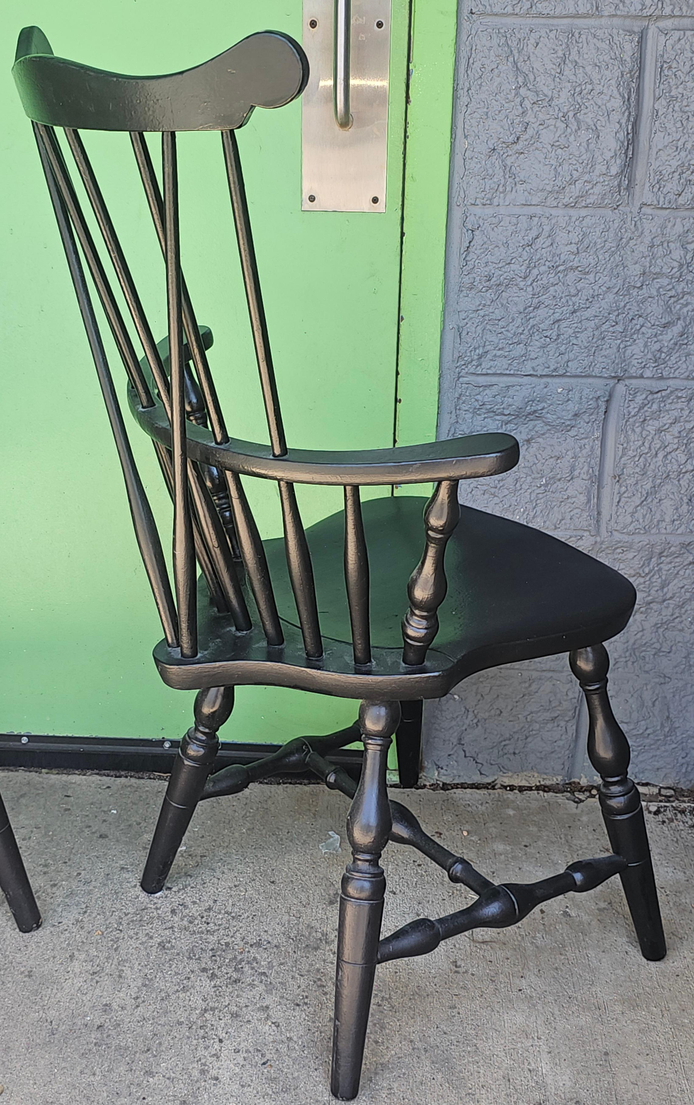 Pair S. Bent & Brothers Ebonized Maple Fiddle / Fan Back Windsor Chairs Half Arm For Sale 2