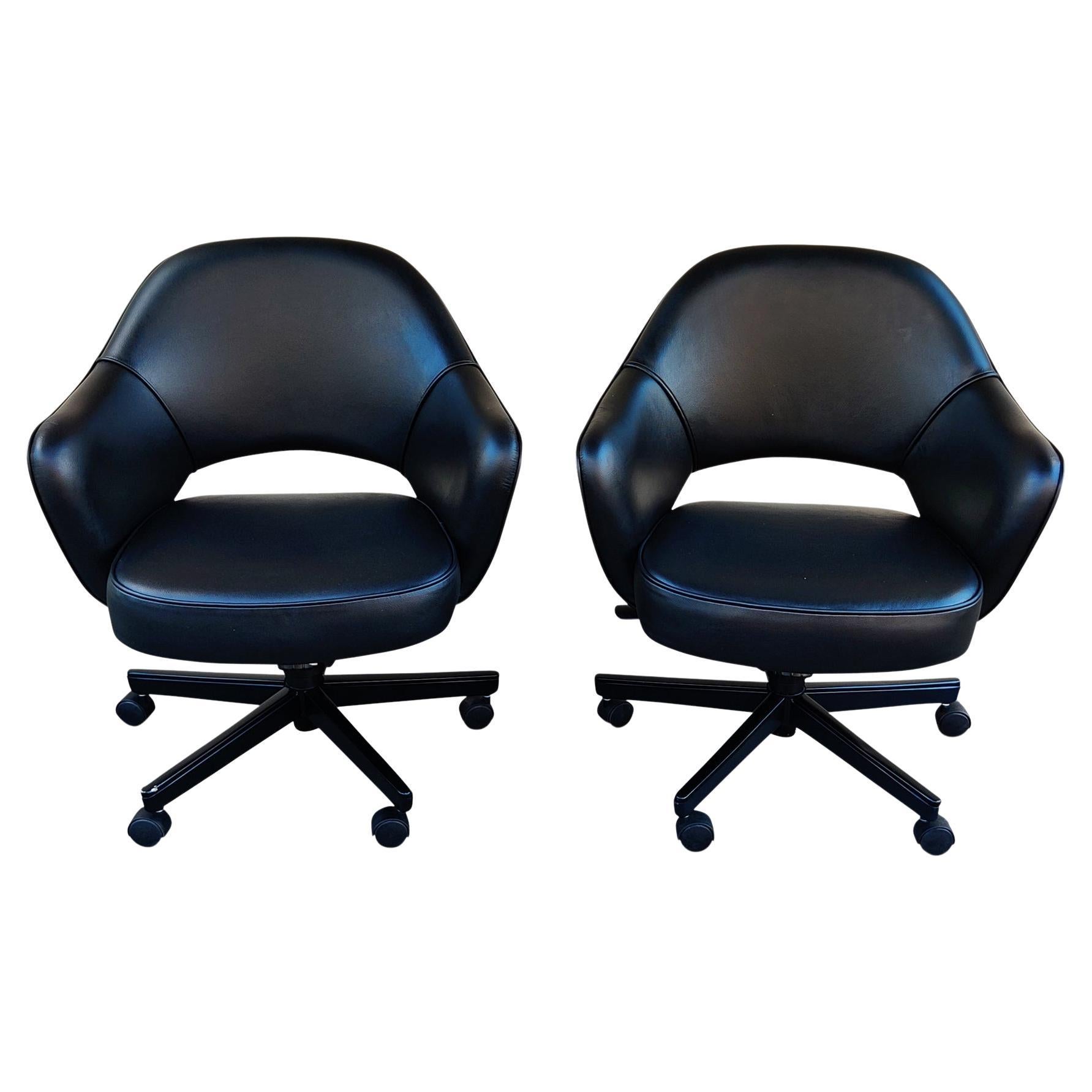 Pair Saarinen Knoll Executive Chairs Black Leather Tilt Swivel Height Adjustable