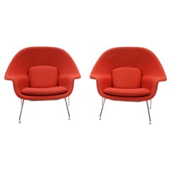 Pair Saarinen Womb Chairs for Knoll in Red with Chrome Frames, Ready to Use