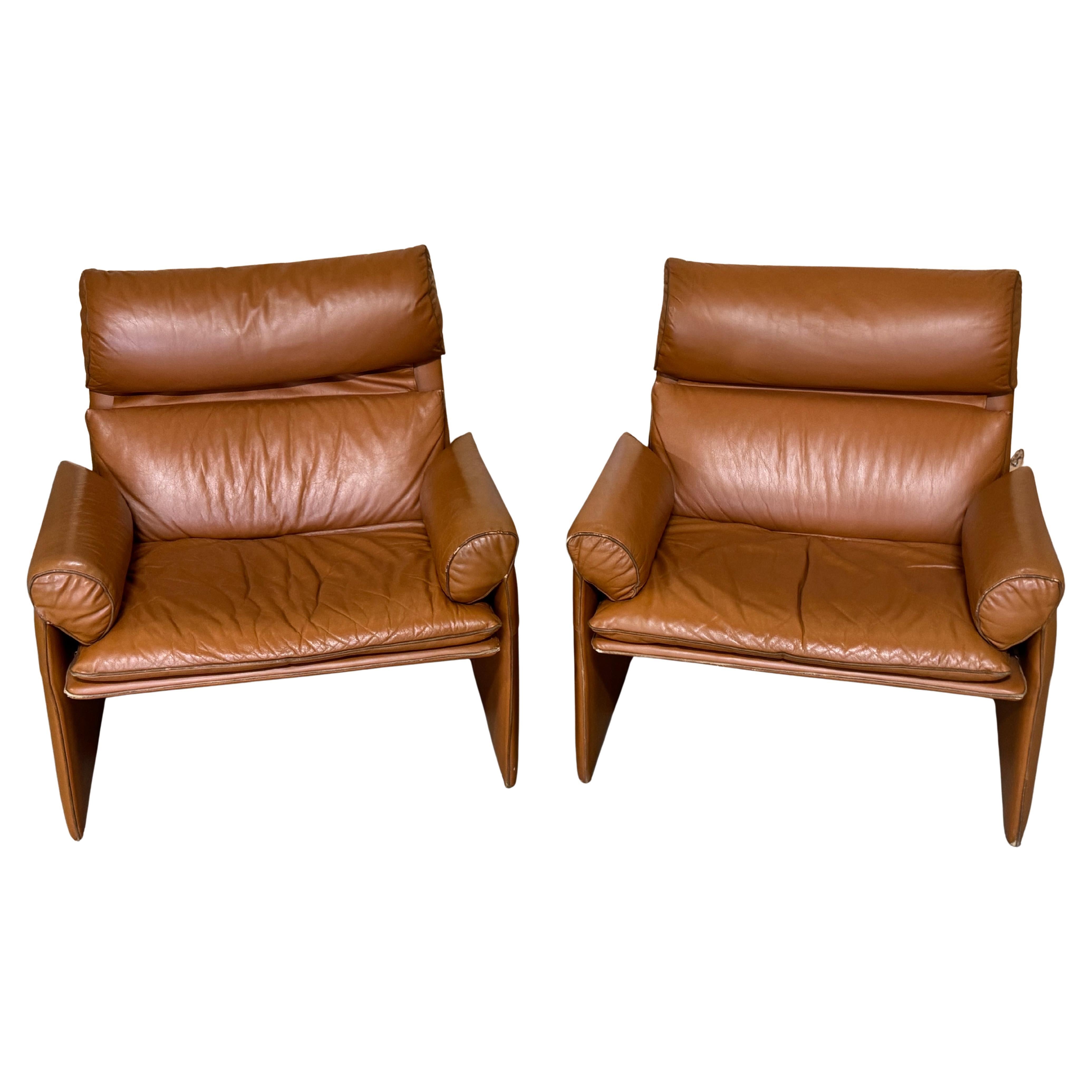 Pair Saddle Brown Leather Lounge Chairs by Giovanni Offredi for Saporiti, 1970s