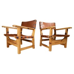 Pair Safari Arm Chairs in Cognac Saddle Leather and Solid Pine wood, France 1960