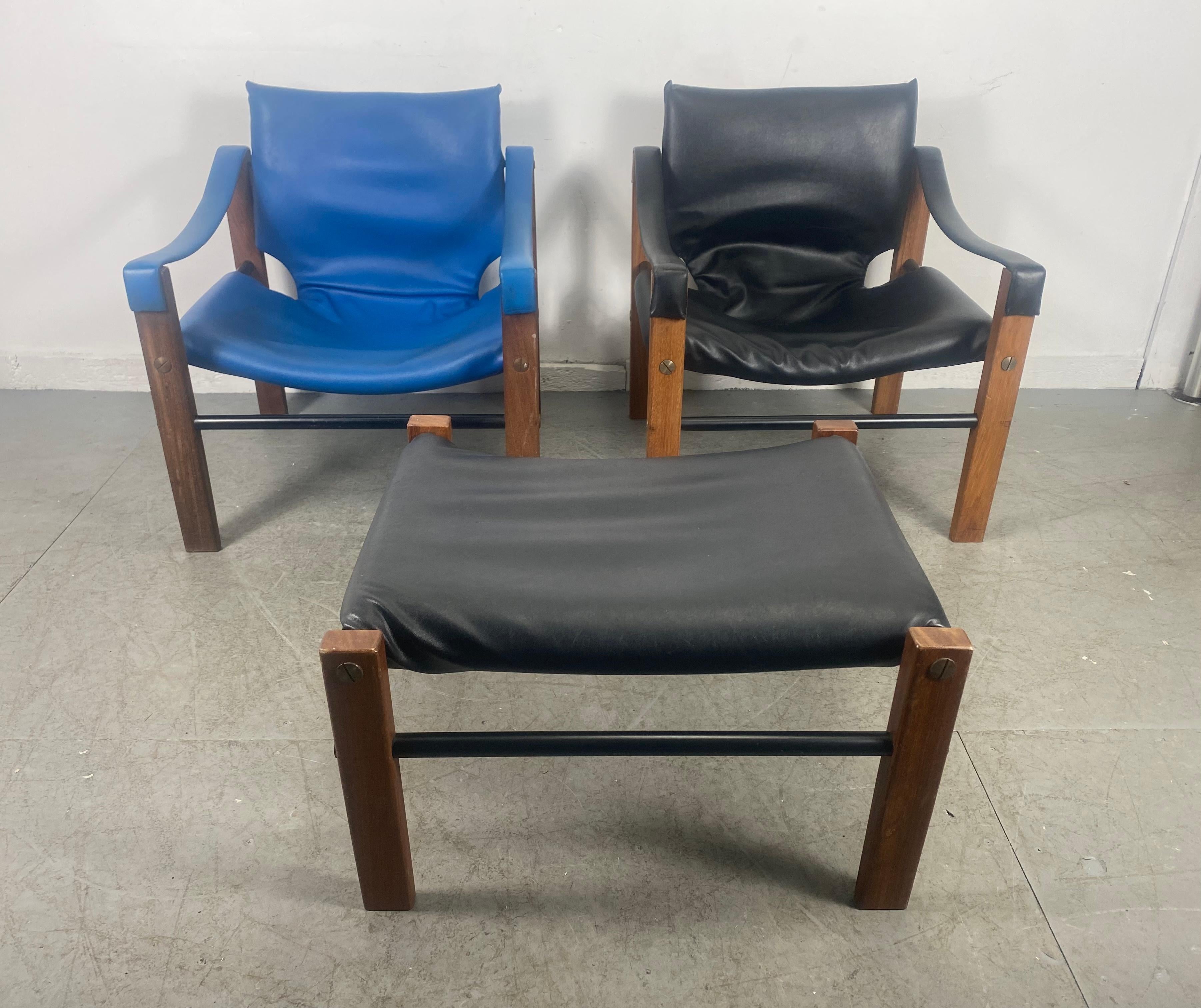 Pair Safari Chairs and Ottoman by Maurice Burke for Arkana, 1970's In Good Condition In Buffalo, NY