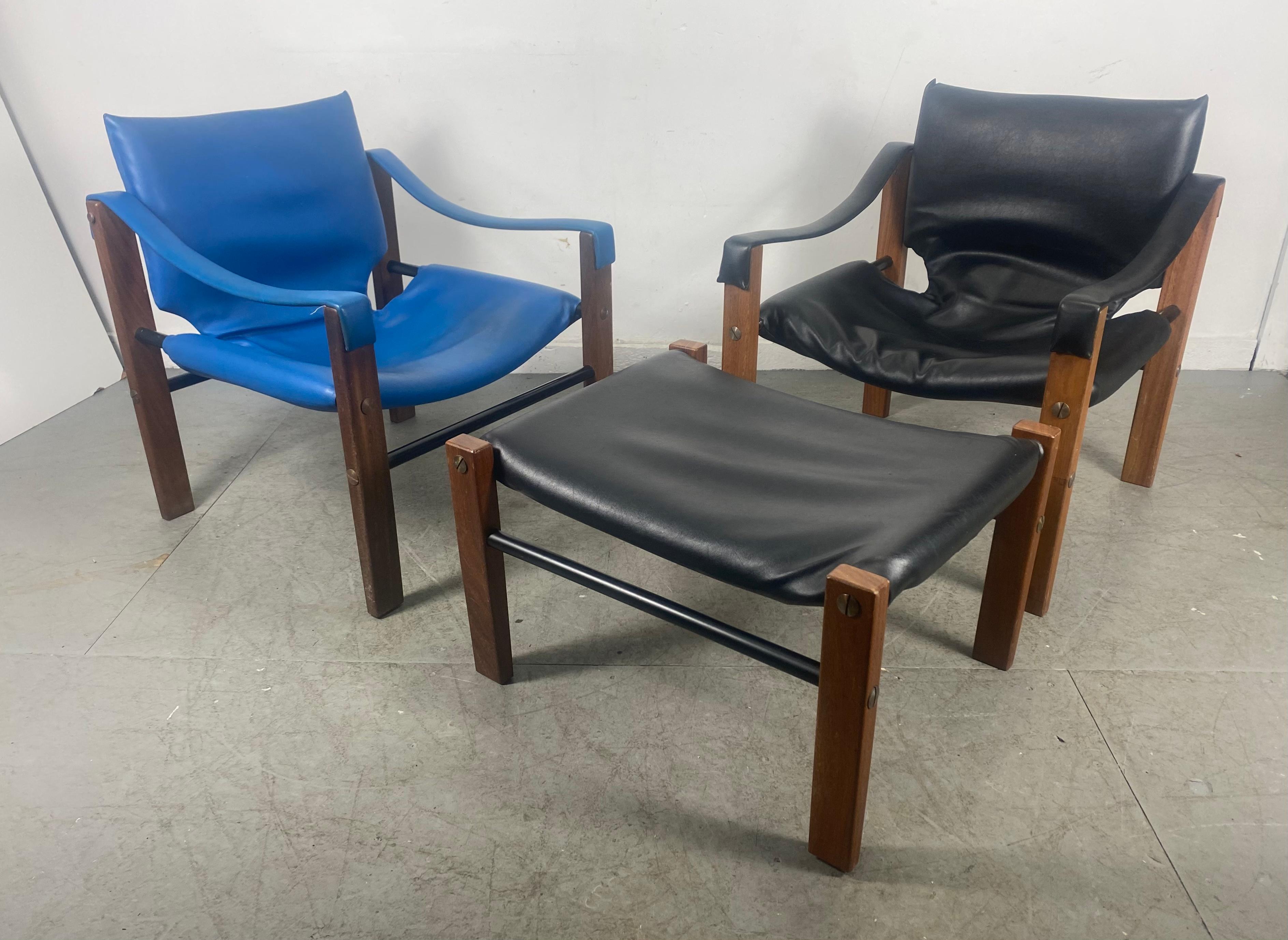 Late 20th Century Pair Safari Chairs and Ottoman by Maurice Burke for Arkana, 1970's