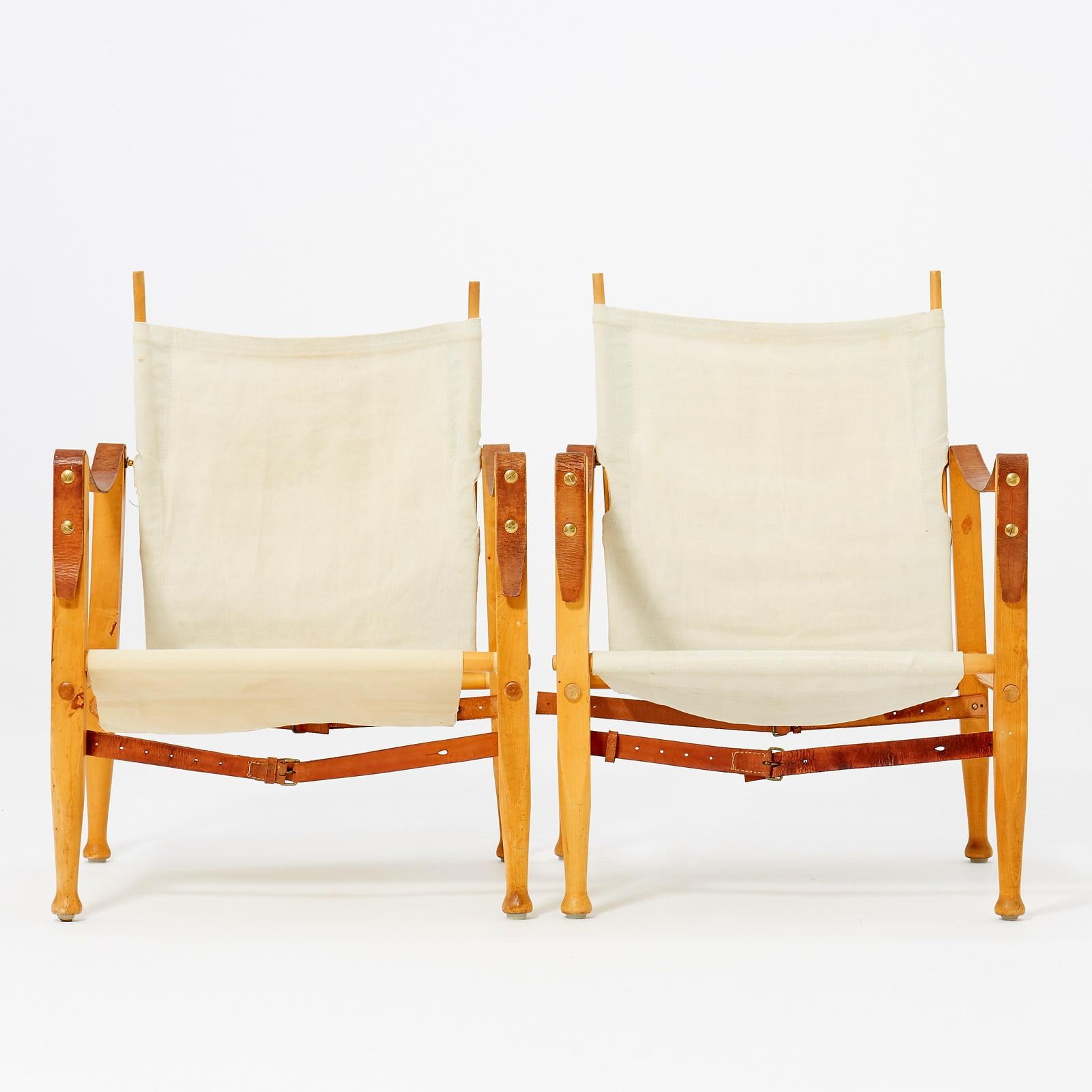 Mid-Century Modern Pair ‘Safari’ Easy Chairs by Kaare Klint for Rud Rasmussen, Denmark 1950s For Sale