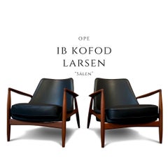 Pair Salen / Seal Chairs by Ib Kofod Larsen for OPE, Sweden. Teak, Black Leather