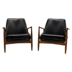 Pair Salen / Seal Chairs by Ib Kofod Larsen for OPE, Sweden. Teak, Black Leather