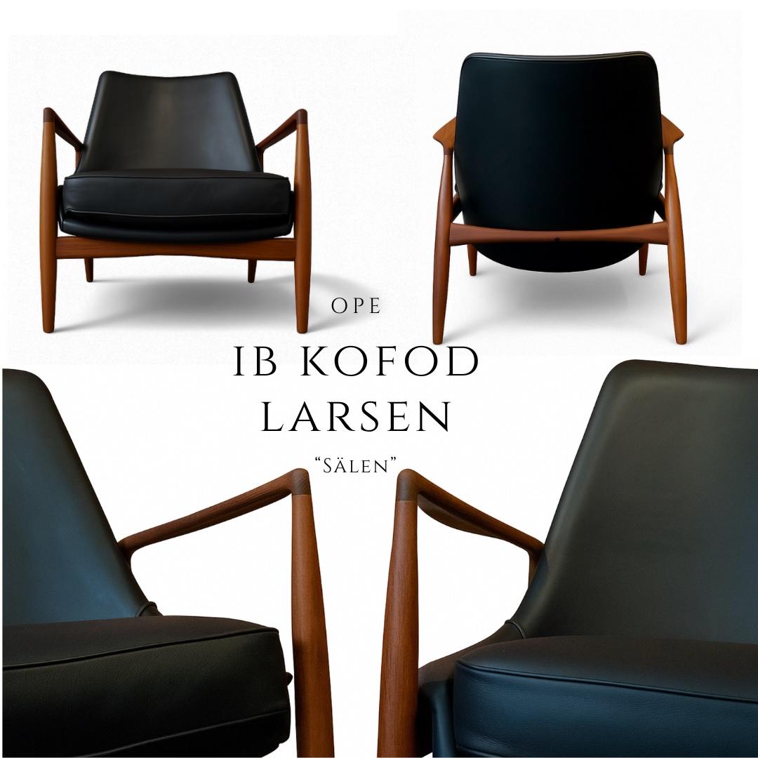 Mid-Century Modern Pair Salen / Seal Chairs by Ib Kofod Larsen for OPE, Sweden. Teak, Black Leather For Sale