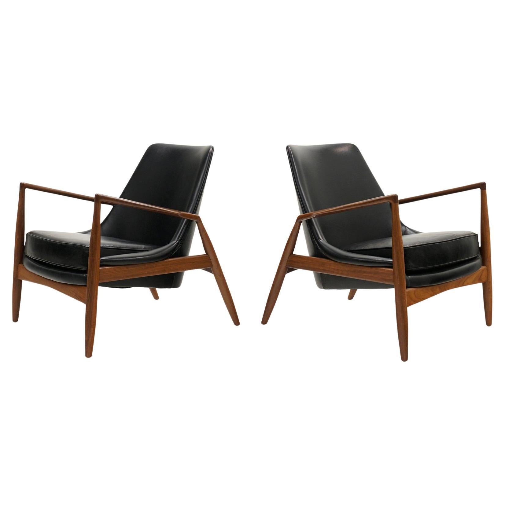 Pair Salen / Seal Chairs by Ib Kofod Larsen for OPE, Sweden. Teak, Black Leather