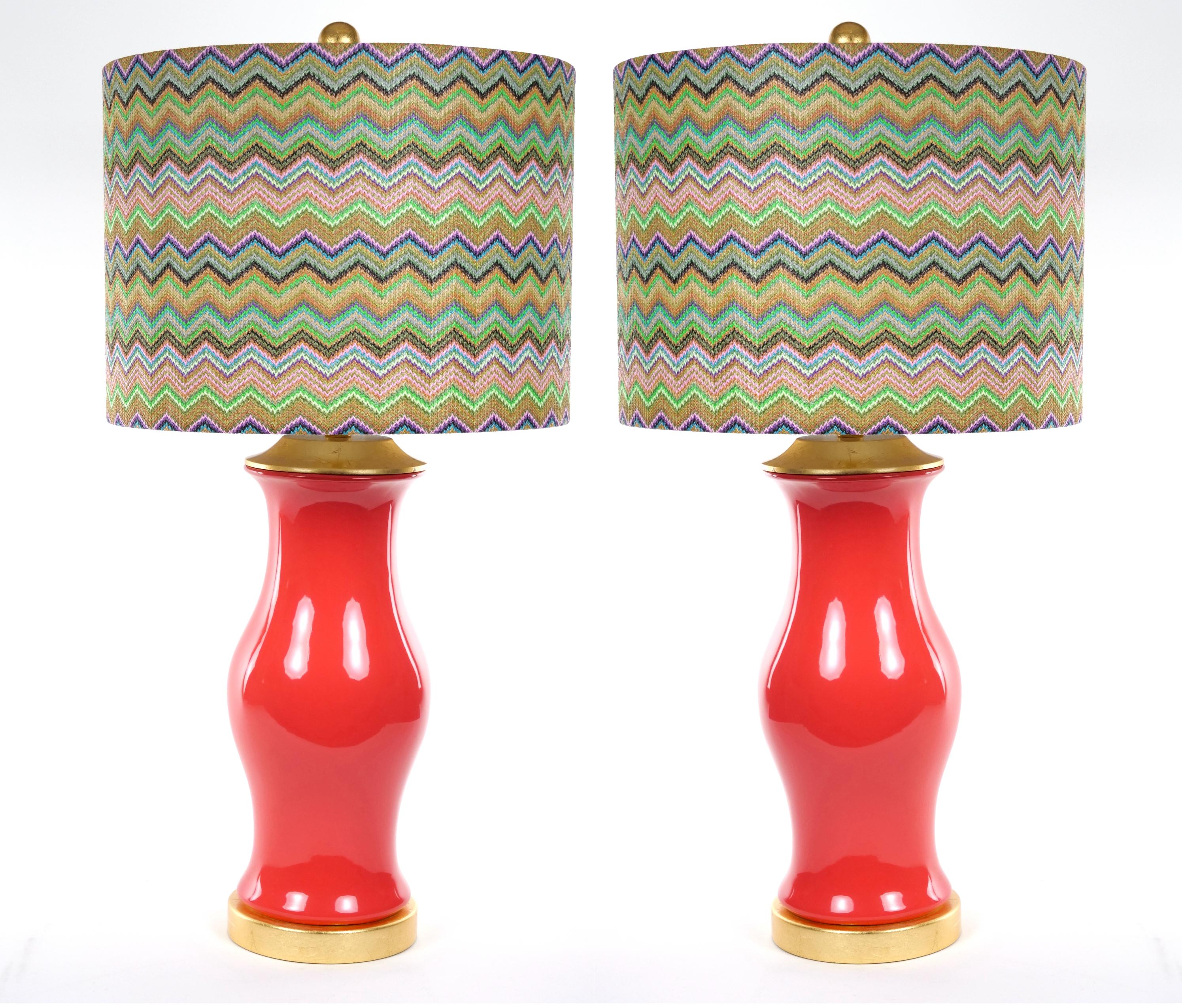 Pair Salmon Glazed Porcelain Tables Lamps / Gilt Wood Pedestals For Sale 7