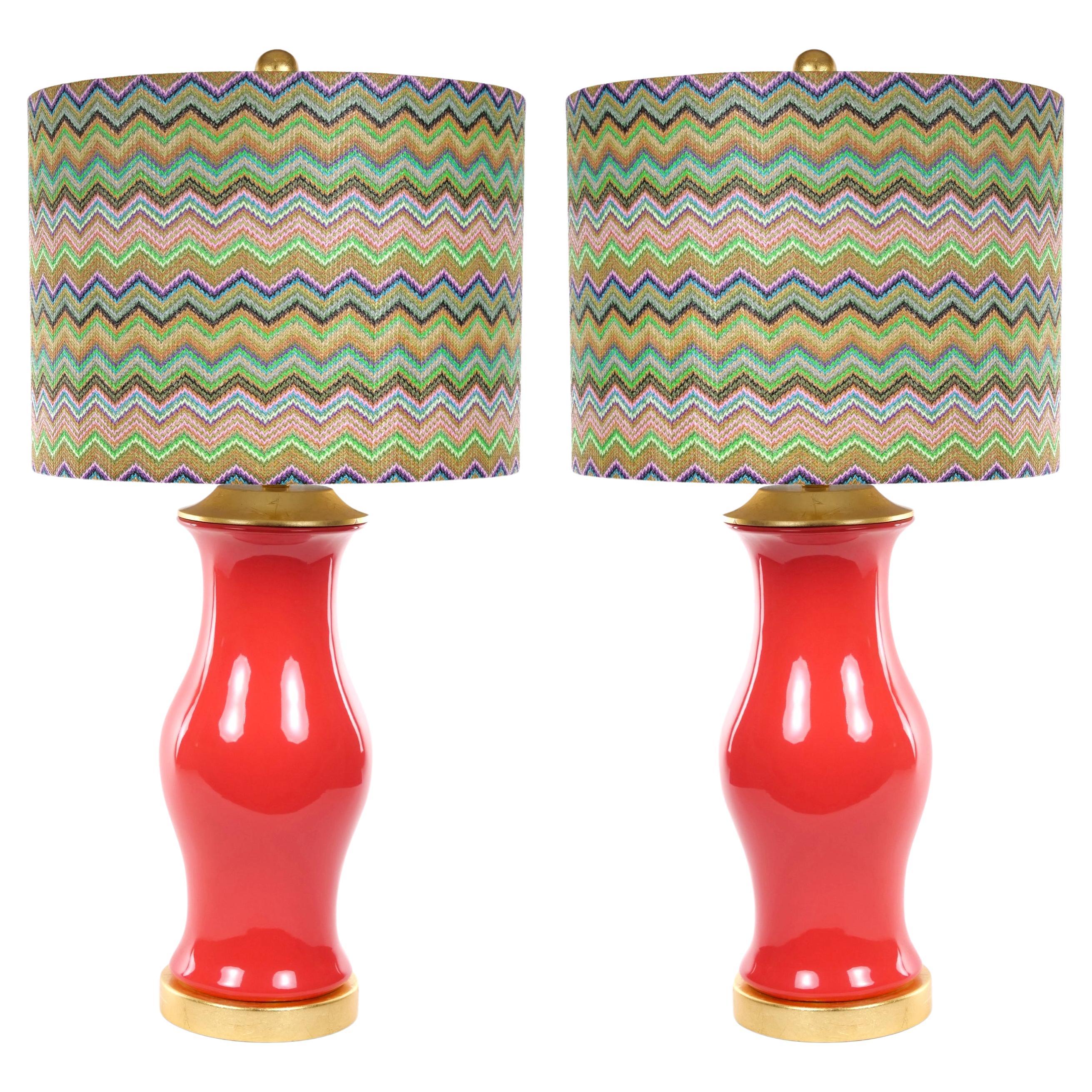 Pair Salmon Glazed Porcelain Tables Lamps / Gilt Wood Pedestals For Sale