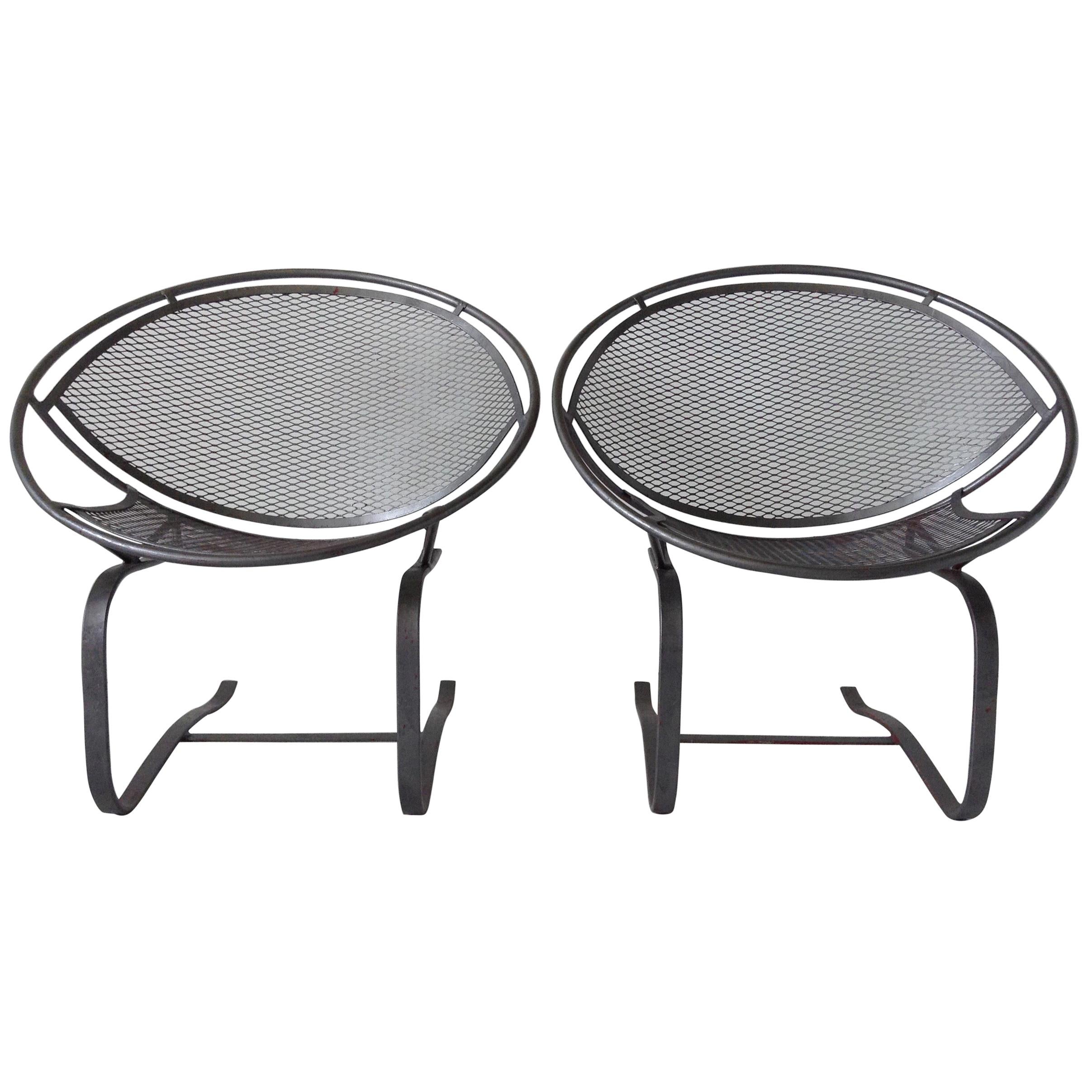 Pair of Salterini Woodard Iron Radar Hoop Patio Springer Rocking Lounge Chairs For Sale