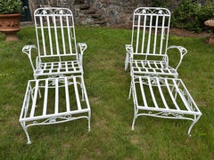 Pair Salterini Wrought Iron Mount Vernon Wheeled Armchairs with Ottomans, 1940s