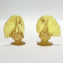 Pair Salviati Attributed Venetian/Murano Glass Peacock Place Card Holder Figures